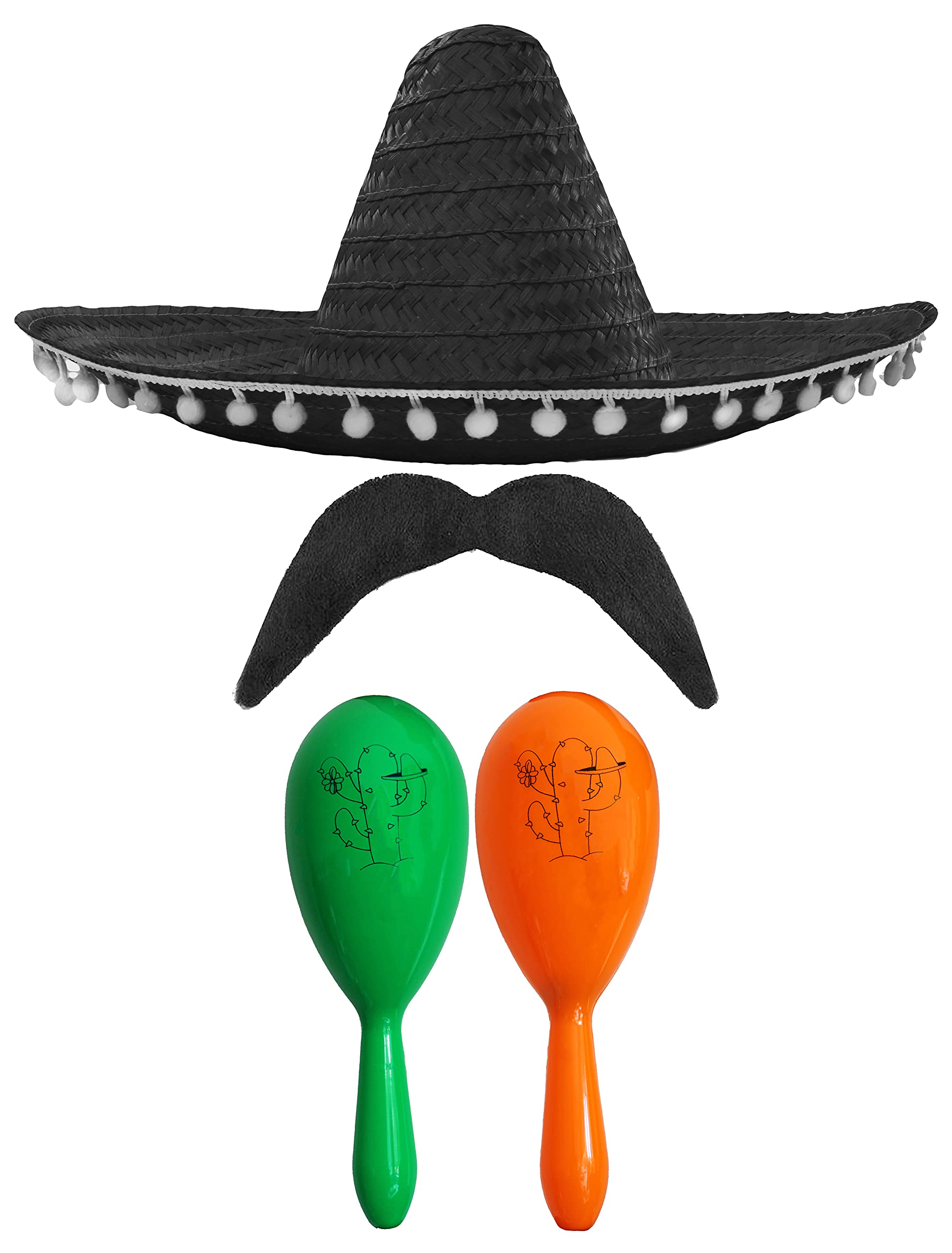 Adults Mexican Accessory Set - Black Mexican Sombrero, Green & Orange Maracas, Moustache - Mexican Cinco de Mayo Sensorita Bandit Mariachi Fancy Dress Costume Accessory Set