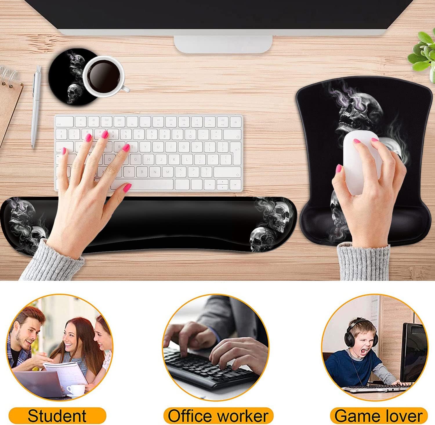 Keyboard Wrist Rest and Mouse Pad Wrist Support Set,Smoking Skull Ergonomic Gel Mouse Pad,Easy Typing Pain Relief, Memory Foam Keyboard Mousepad Set with Coasters