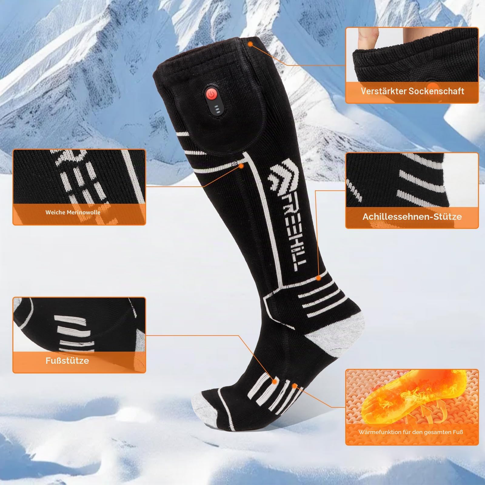 FREEHILL Merinowolle beheizte Socken für Männer Frauen, One-Click Control wiederaufladbare kaltes Wetter Knie-hohe Socken (Schwarz, L)