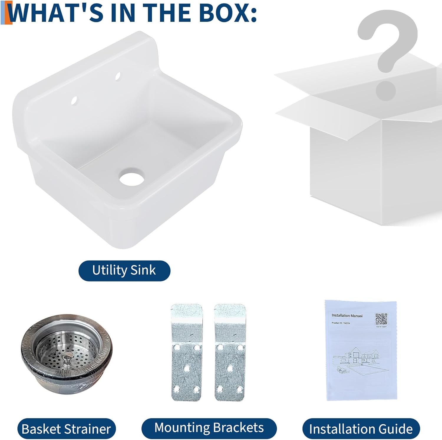 30x20 Inch White Ceramic Wall Mount Sink, Utility Laundry Tub with Deep Basin, Wall Hung Wash Station for Garage Mudroom Basement, Rust Free Porcelain Basin, No Faucet or Pedestal