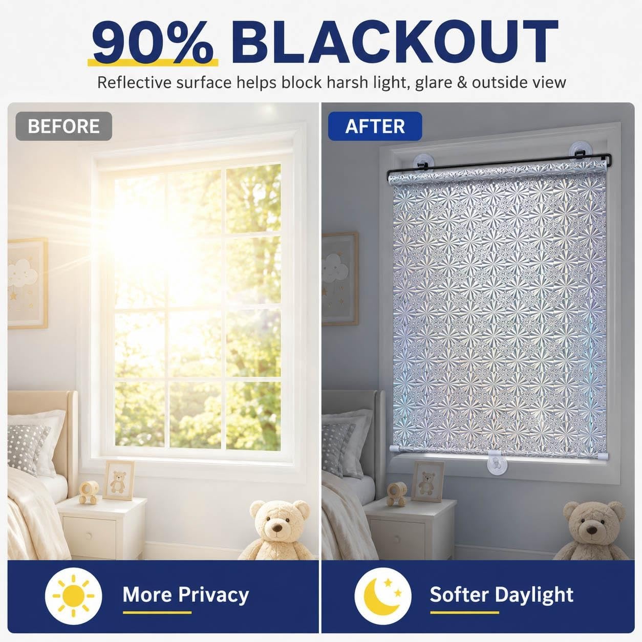 Schermo Solare per Finestre con Ventose, Pannello Oscurante Riflettente Retrattile Senza Forare, Protezione Privacy per Camera Ufficio Camper Auto Porta Vetro(W 80 x 120 cm)