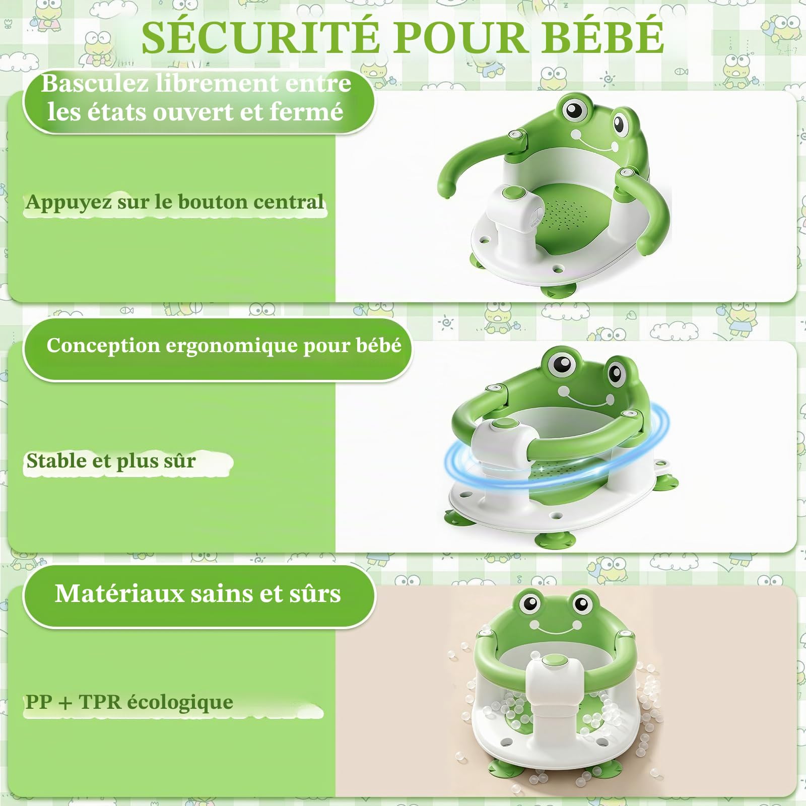 Siege Bain Bebe,SièGe de Bain pour BéBé,Siège de Bain Bébé,Anneau de Bain Bebe,Siège de Bain avec 4 Ventouses et Coussin,Chaise de Bain Portable et Sûre pour la Douche ou le Bain - Vert