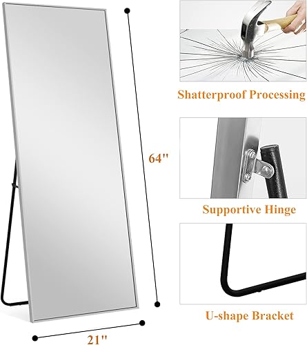 Miniatura 3 de NeuType Espejo de longitud completa, 64 x 21 pulgadas con soporte, montado en el suelo o en la pared, colgante o inclinado, marco fino de aleación