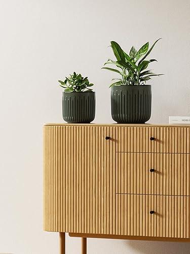 Miniatura 9 de LE TAUCI Juego de 3 macetas de cerámica estriada de 8.375.7 pulgadas, cilíndricas reactivas de color verde oliva oscuro con tapón de drenaje y