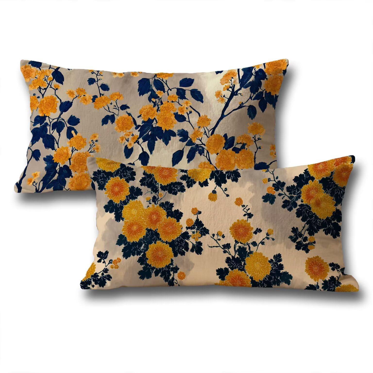 Housse de coussin fleurs 40x80 lot de 2 en velours jaune pour canapé
