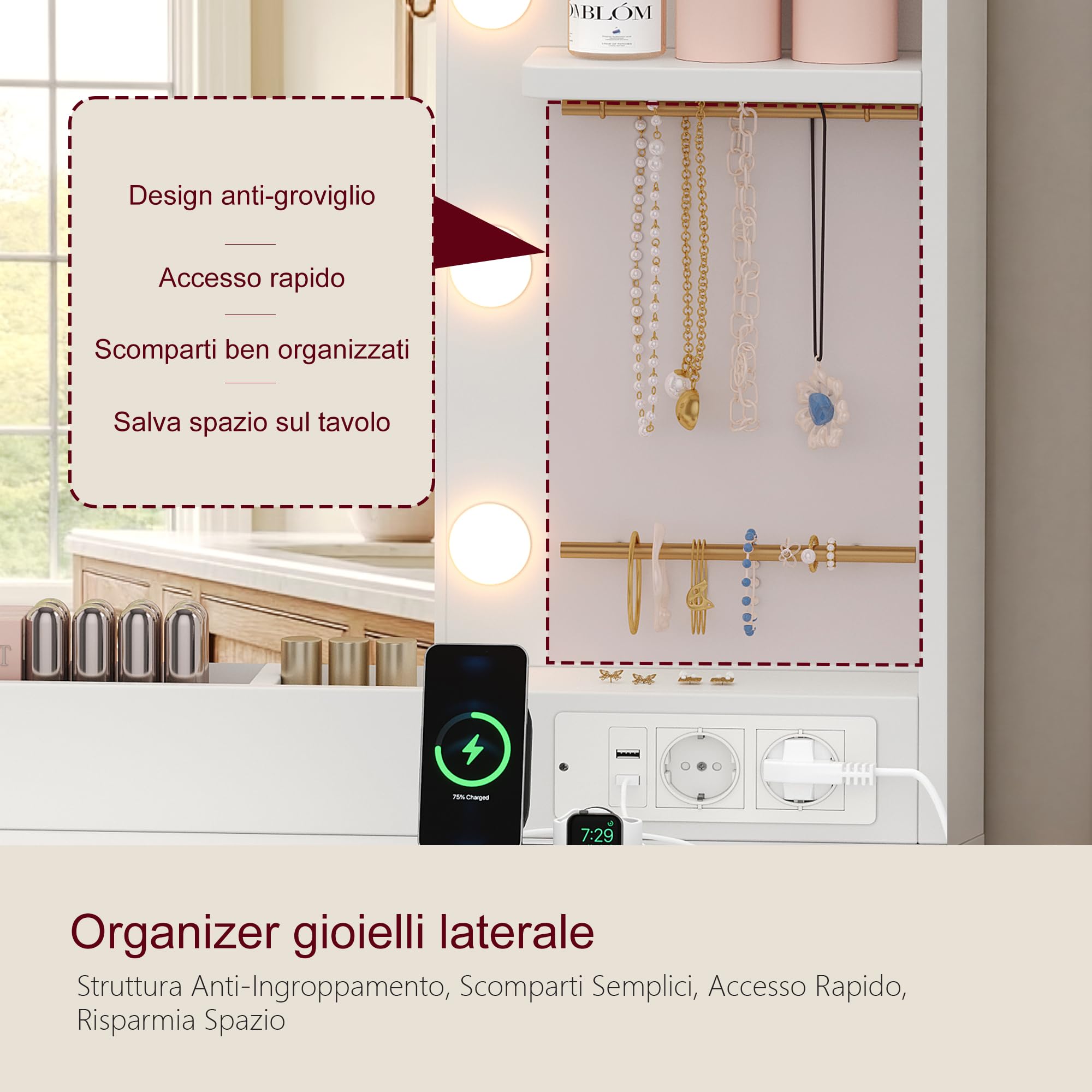 Heybly Toeletta Trucco con Specchio LED e Luci, Tavolo da Trucco con 6 Cassetti e 6 Ripiani, Presa Integrata e Porta Gioielli, Vanity Moderna per Camera da Letto, Bianco BDT002WT