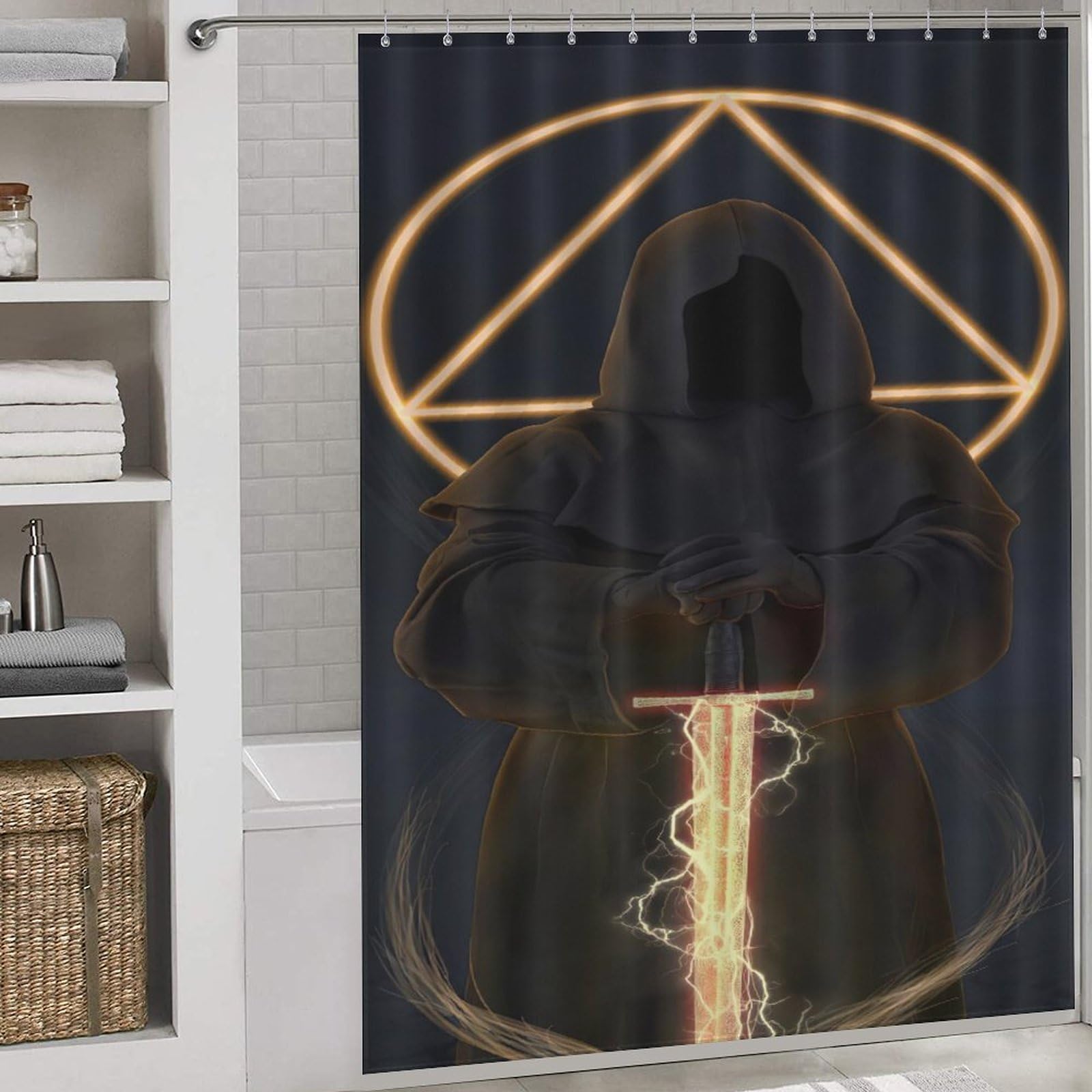 Rideau de douche Ninja Noir en tissu lavable de 168x183 cm pour baignoire avec ses 12 crochets