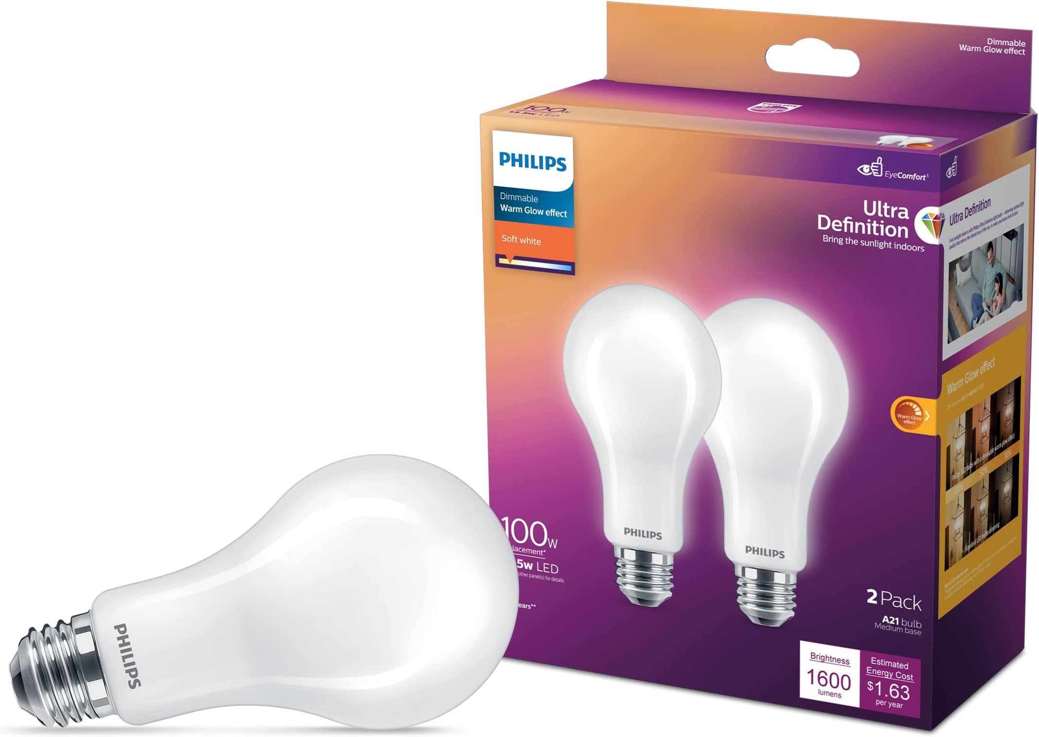 A21 Ultra Definition Frosted Dimmable LED Light Bulbs - Flicker-Free 75w Light Bulbs with EyeComfort Technology - Soft White 2700K Lightbulb - 1100 Lumen - E26 Base - 2 Pack