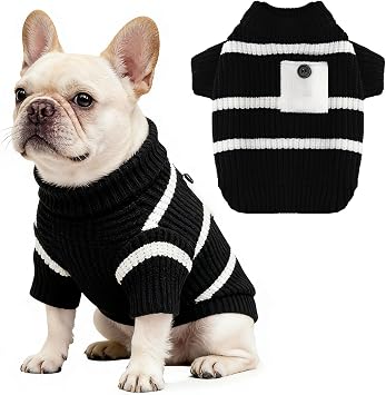 Small Dog Sweater with Cute Pocket Decoration, Striped Soft Stretchable Fleece Warm Puppy Clothes for Small Dogs Cats, French Bulldog, Chihuahua for Winter
