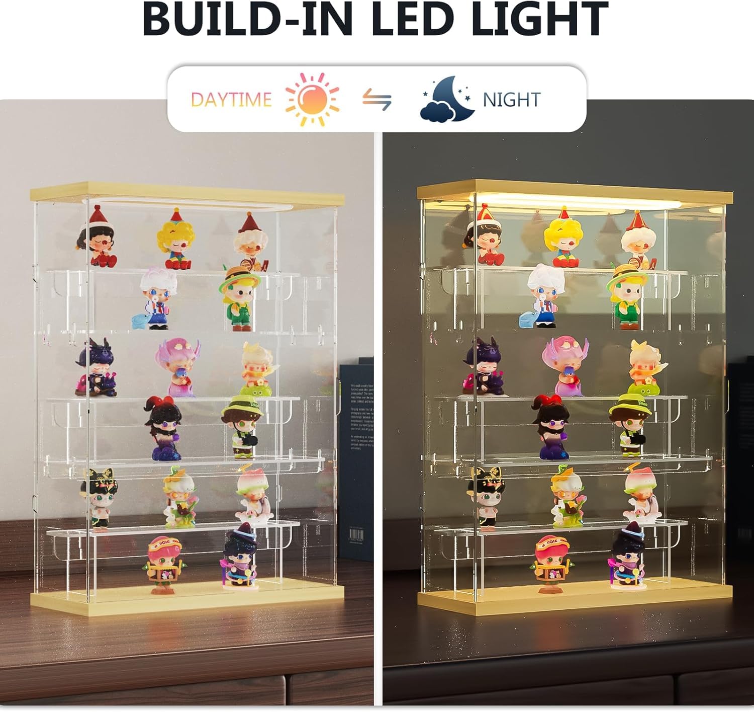 DuvinDD 3 livelli con scale vetrina acrilica trasparente per personaggi Pop Mart Labubu, vetrina antipolvere per oggetti da collezione (3 livelli con scale, venature del legno)