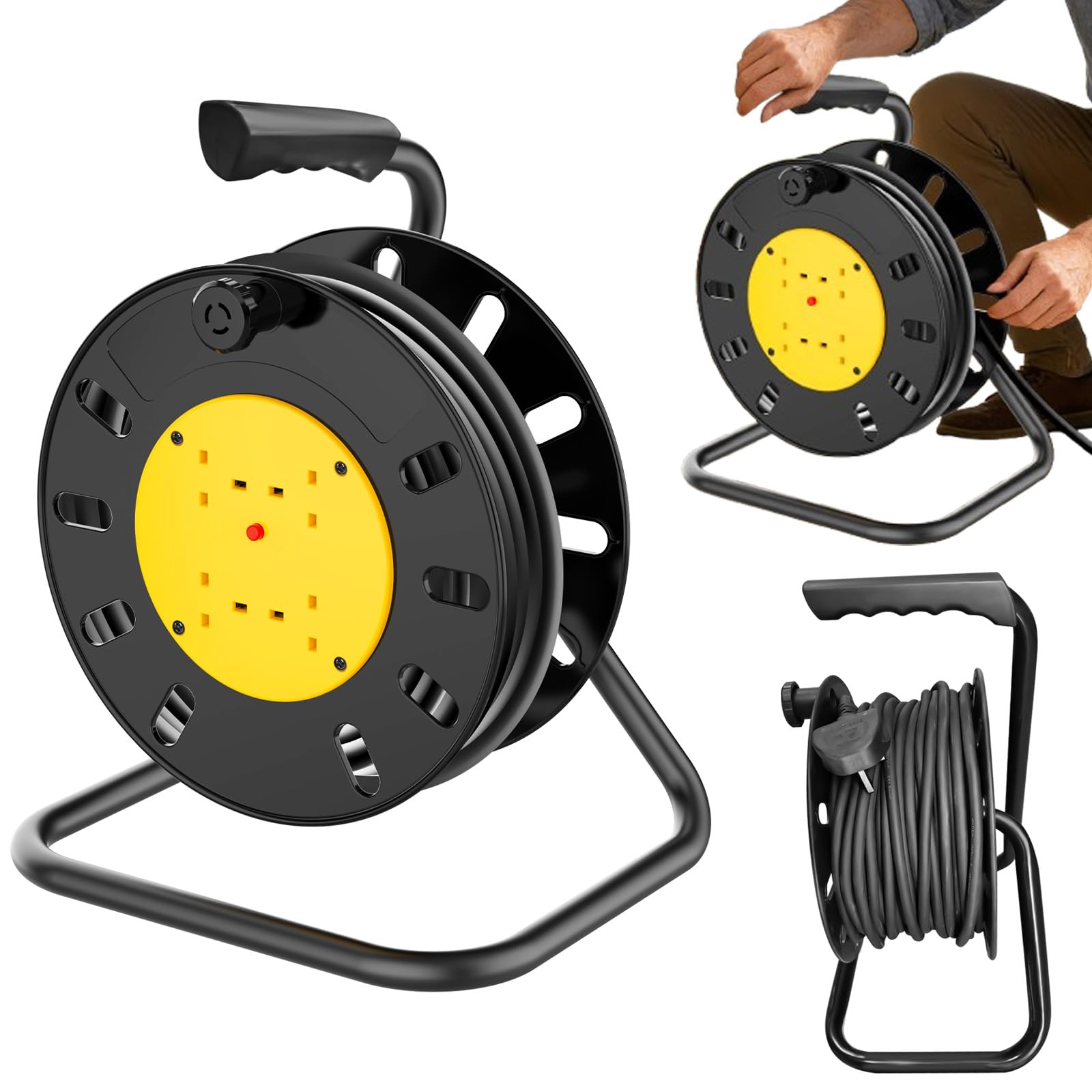 15M Outdoor Extension Lead Waterproof with 4 Socket Cable Reel, Heavy Duty Extension Cable with Winding Handle, Thermal Cut Out, High Visibility, Wind-Up Retractable Power Cord Reel for Garden, Yellow