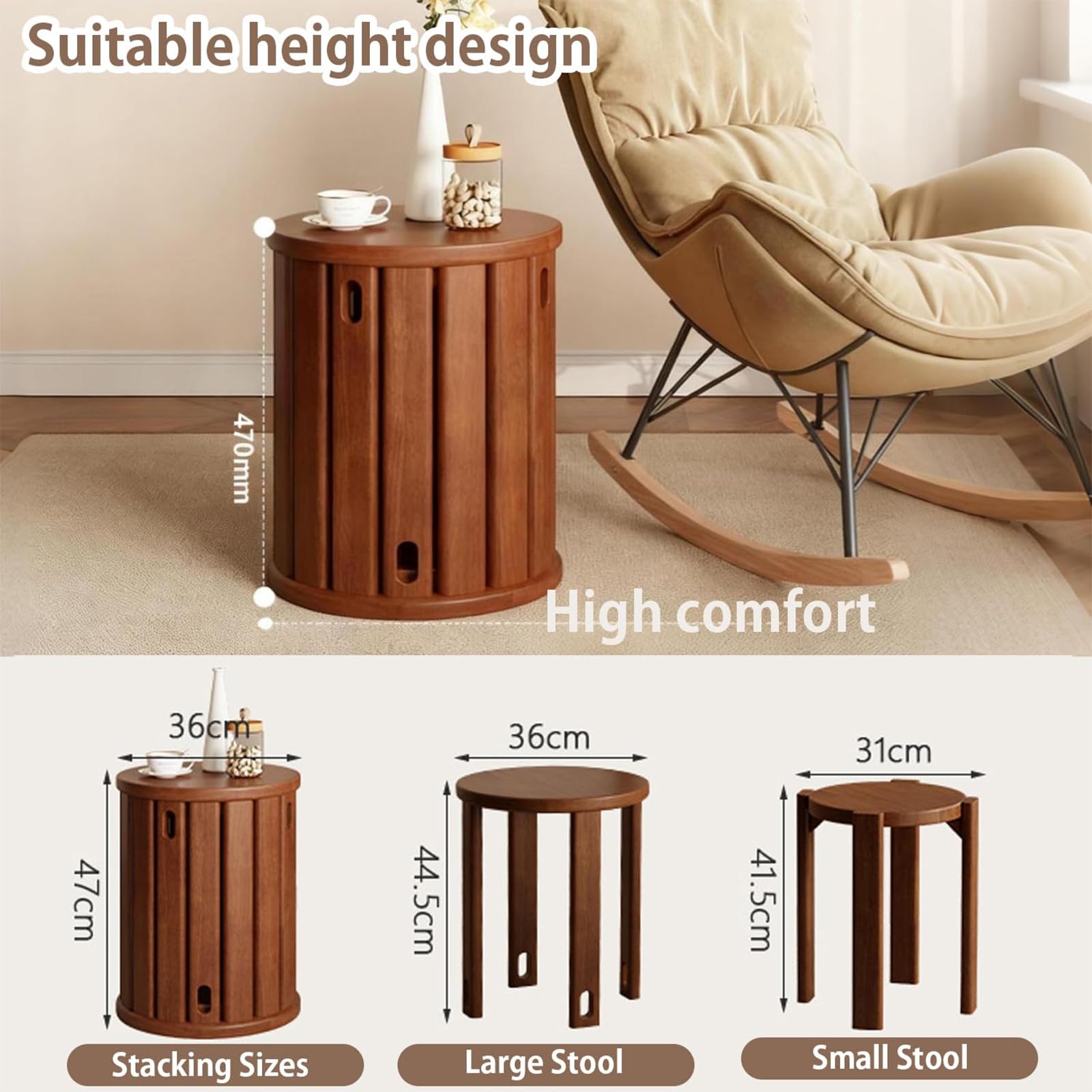 Set di 4 sgabelli impilabili, in legno massiccio, multiuso, design salvaspazio, non richiede installazione, per soggiorno, camera da letto o balcone
