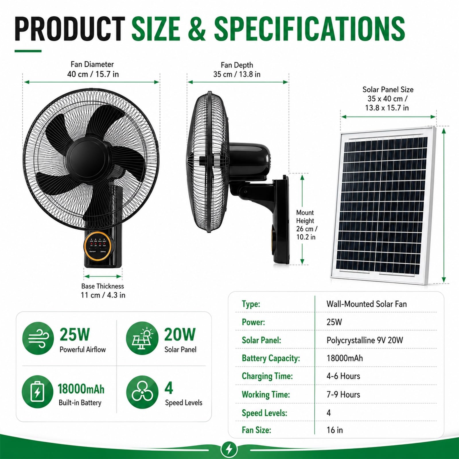 Ventilatore a Parete ad Energia Solare da 40 cm con Pannello Solare da 20 W