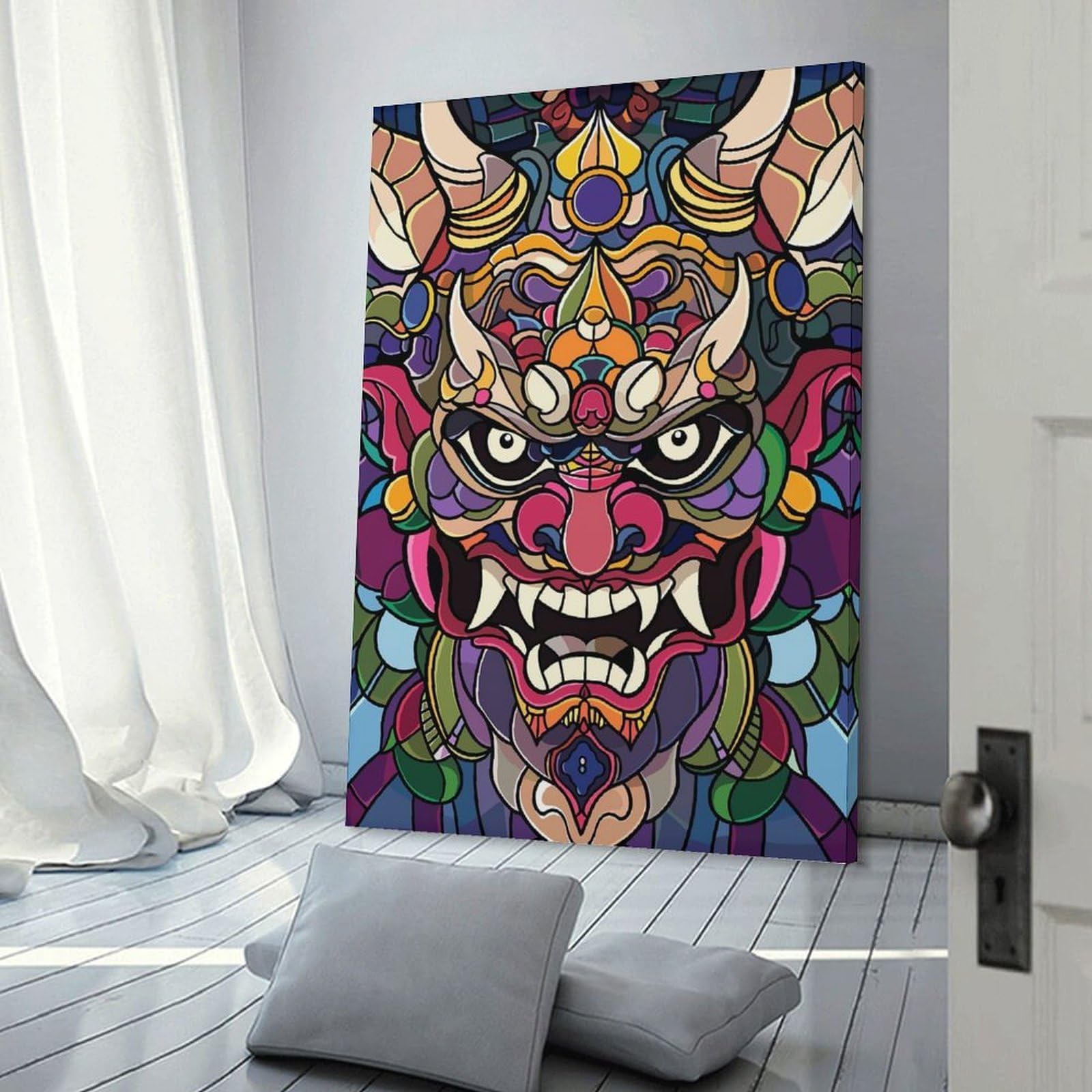 Junmoney Wall Decor Canvas Print Colorful Oni Mask Illustration, 24x36inch(60x90cm), for Study, Office Or Focused Interiors, Wall Art That Adds Style to Work Areas