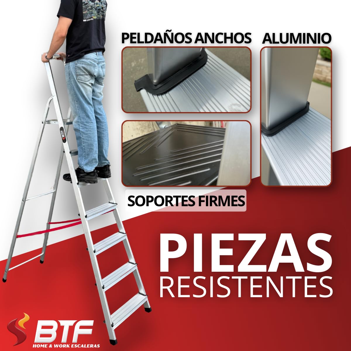 BTF - Escalera Tijera Plegable - 2 Peldaños en Aluminio - Escaleras Plegables Aluminio - Hecho en Europa - Portátil y Plegable. BTF.TJL102
