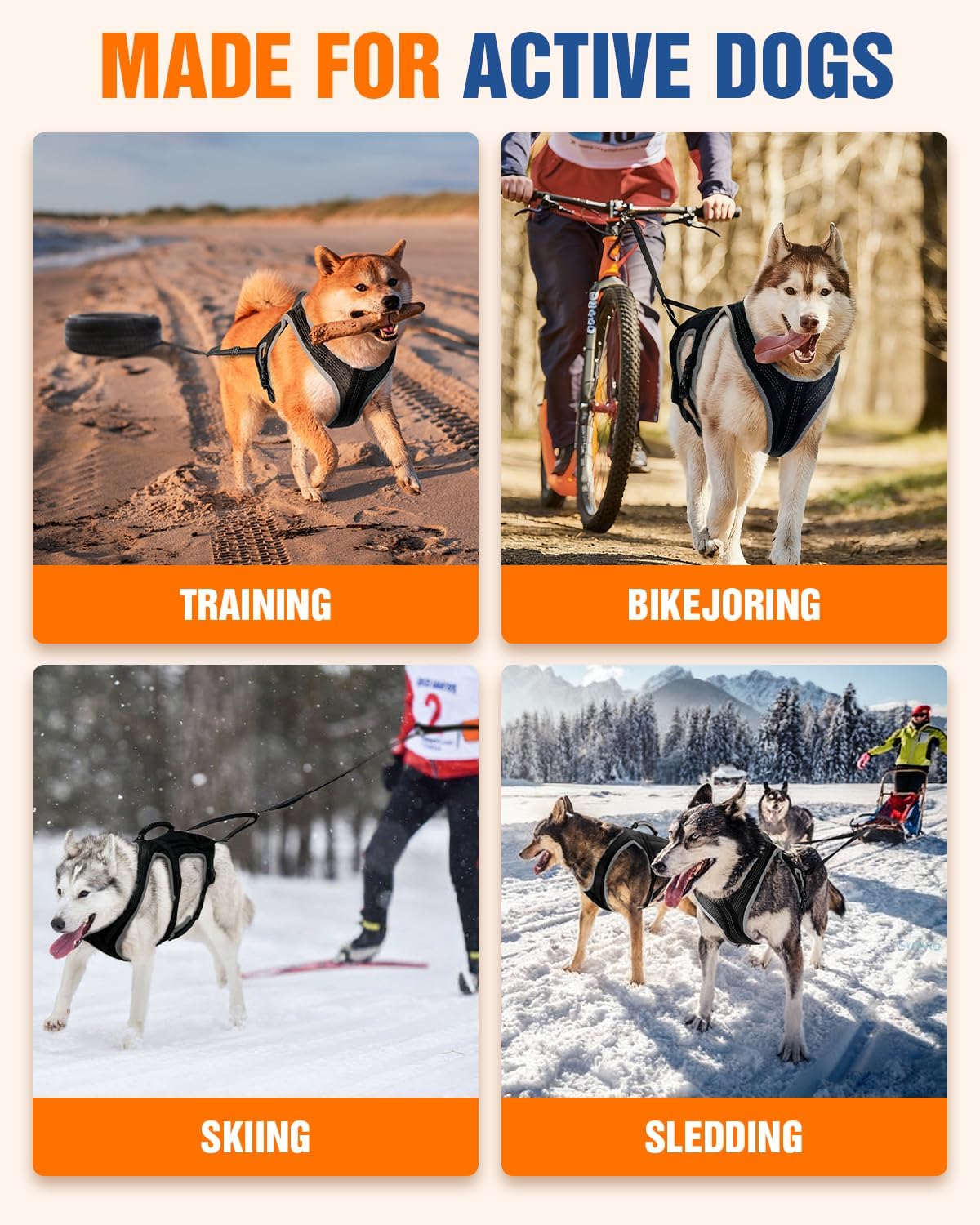 Dog Pulling Harness Set with Waist Belt & Shock-Absorbing Leash, Adjustable Sled Harness for Running, Hiking & Biking, Medium Large Dogs (XL)