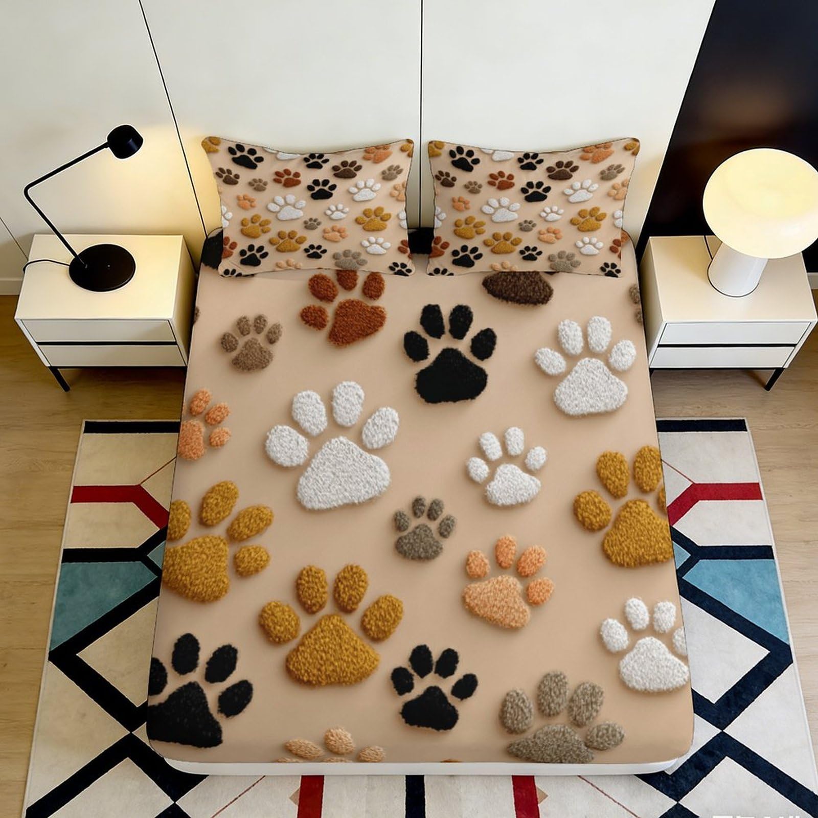 Pnayamiorkfel Style-10 3D Printed Multicolor Paw Print Fitted Sheet Microfiber Soft Non-Slip Bed Cover For Bedroom Guest Room Decor 90X200x25cm
