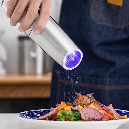 Miniatura 2 de Paquete de 2 molinillo de pimienta automático, molinillo de sal eléctrico, baterías (6 pilas AAA, no incluidas), operado, grosor ajustable, luz LED