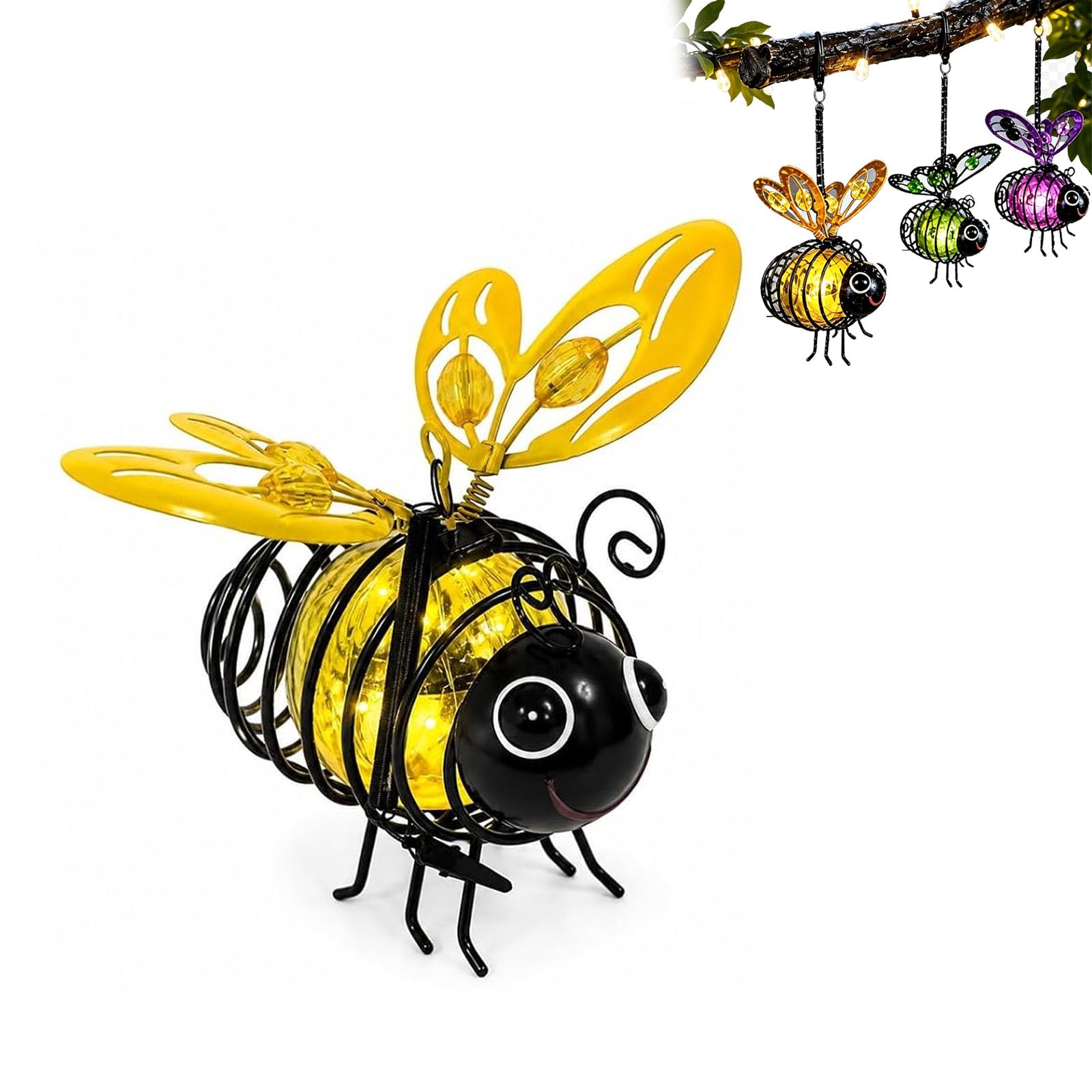 Solar Glow Bee Lantern, Hanging Solar Bee Light, Solar Globe Bee Lantern, Outdoor Decor, Waterproof Sol𝐚𝐫 Powered Insect Ornament, with Bouncy Springs Tree Porch Backyard Balcony (Yellow)