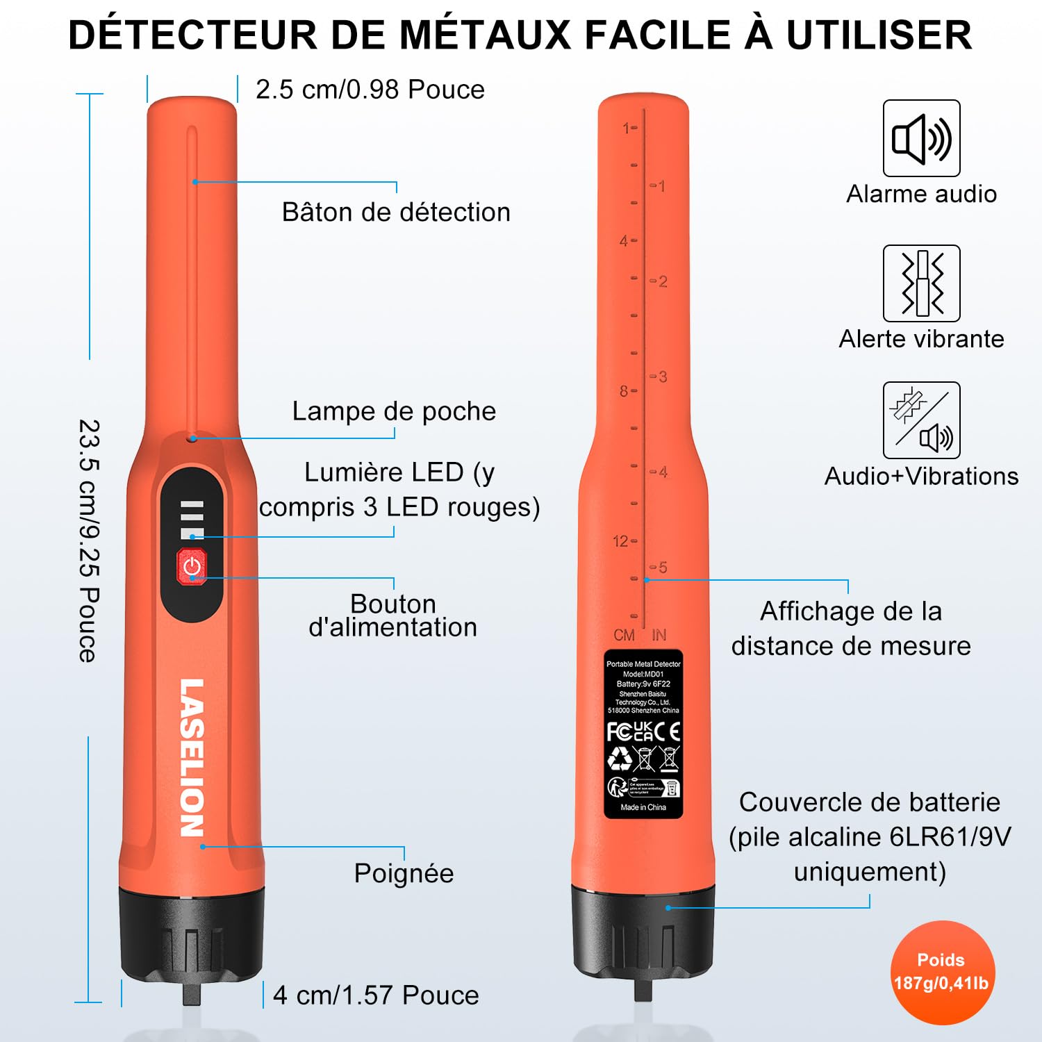 Détecteur de Métaux Pinpointer, LASELION MD01 Portatif IP68 Étanche Détecteur de Métaux avec Batterie 9V, Sac Ceinture et Sangle de Cou, numérisation précise à 360°