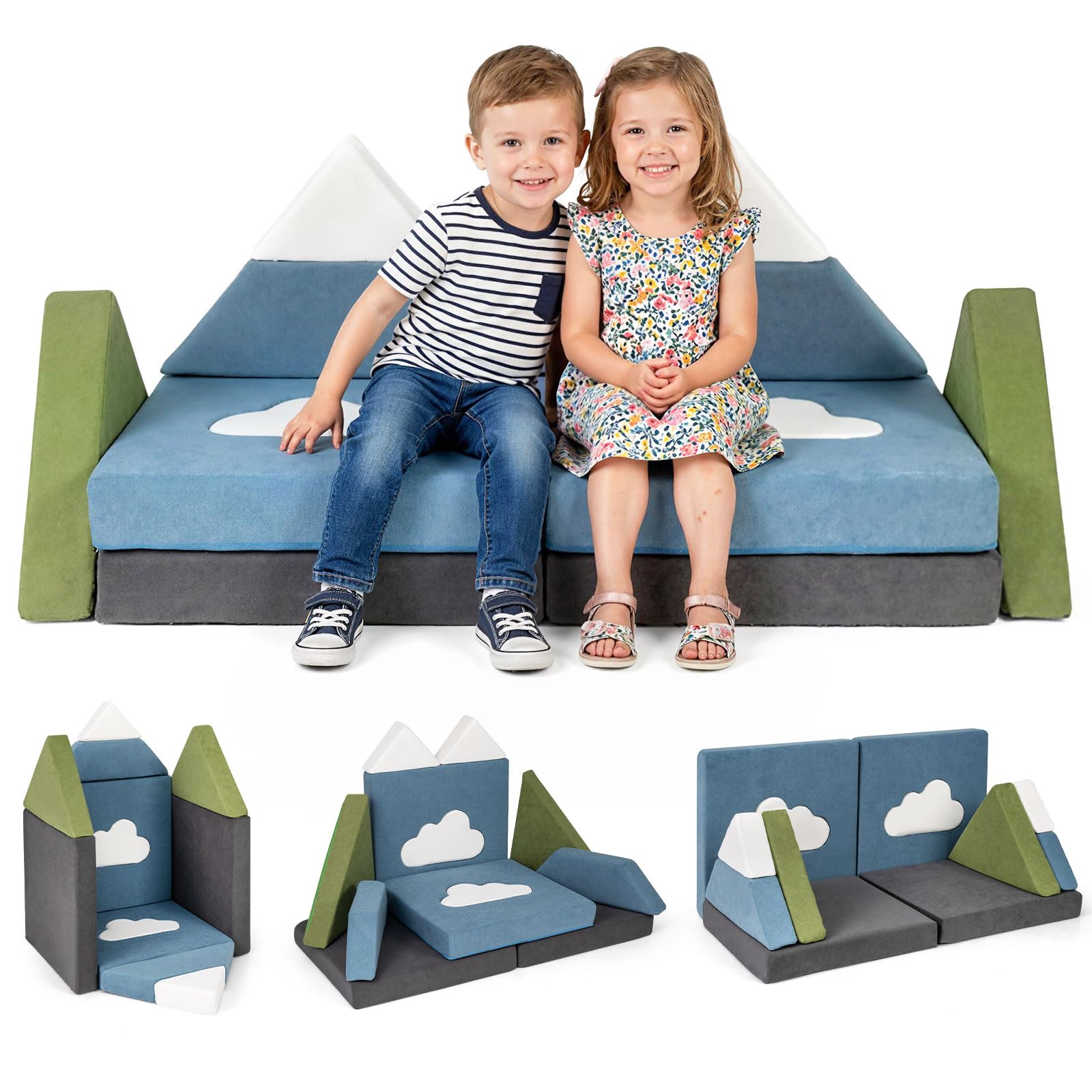 Costzon Modular Kids Play Couch, Snow Mountain Theme Toddler Foam Building Fort for Inspiring Creativity, Convertible Foam and Floor Cushion for Boys Girls for Playroom, Bedroom Gifts (Snow Mountain)