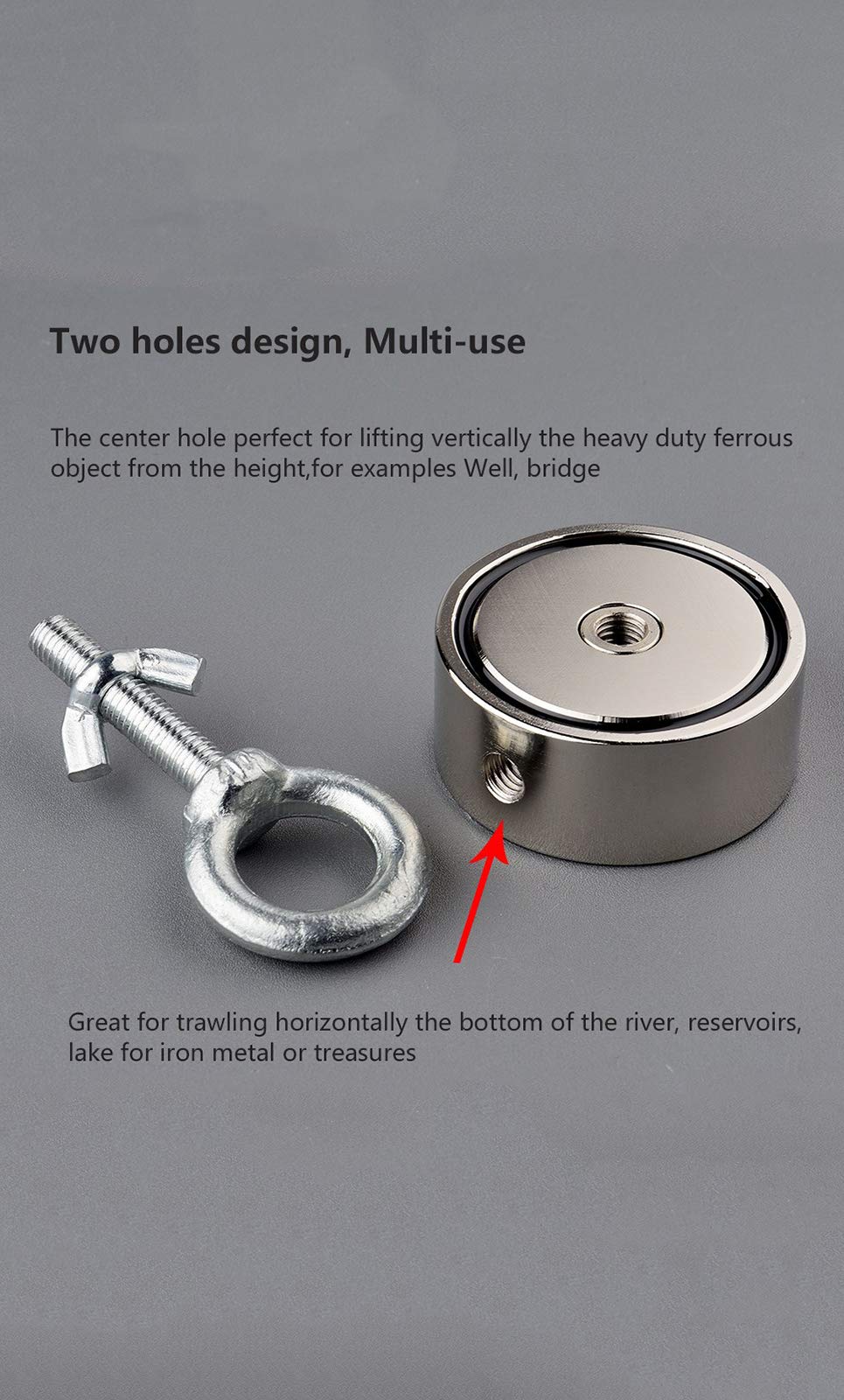 MUTUACTOR Magnete da pesca a doppia faccia Combinato 600KG Forza di trazione verticale Kit di magneti da pesca al neodimio rotondo con golfare per il salvataggio della pesca con magnete nel fiume