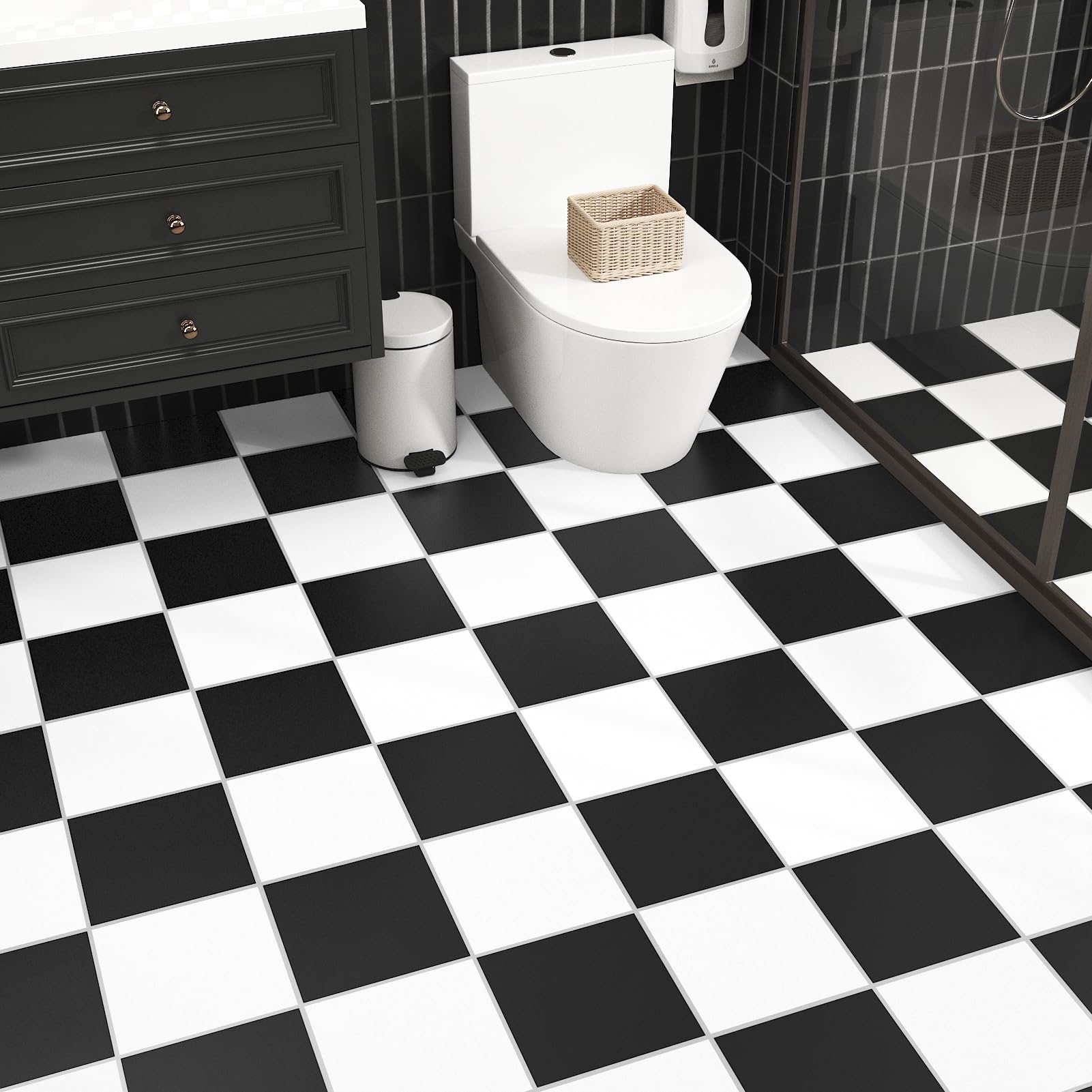Baldosas Adhesivas Suelo Blanco y Negro Parquet Adhesivo Suelo Vinilo Autoadhesivo Impermeable Para Cocina Baño Losetas Autoadhesivas Blanco y Negro 12 Piezas 30 x 30cm