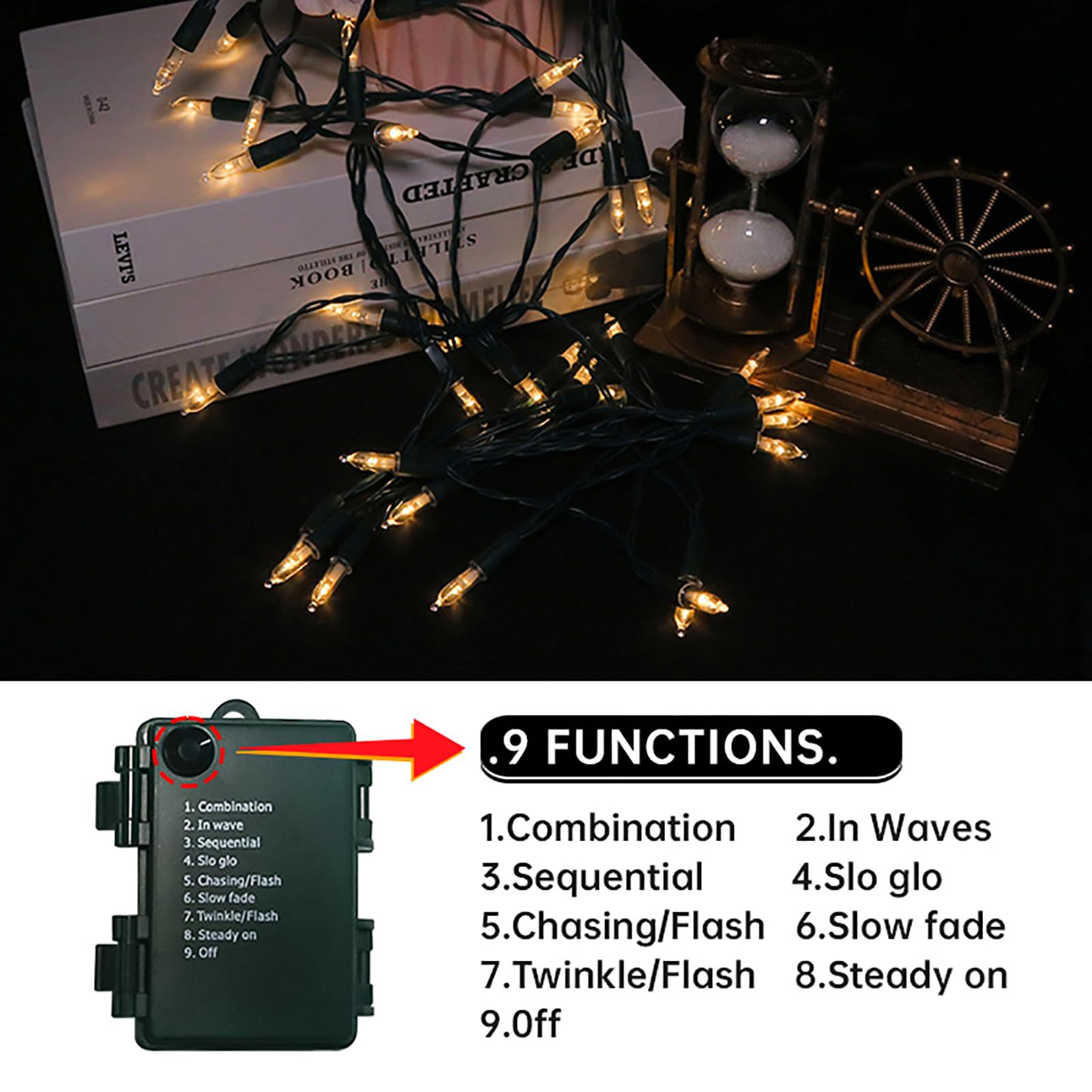 Luci natalizie confezione da 2 pezzi, 50 luci LED a batteria, 9 funzioni, bianco caldo, mini luci impermeabili per albero di Natale, ghirlande per interni ed esterni, decorazioni natalizie