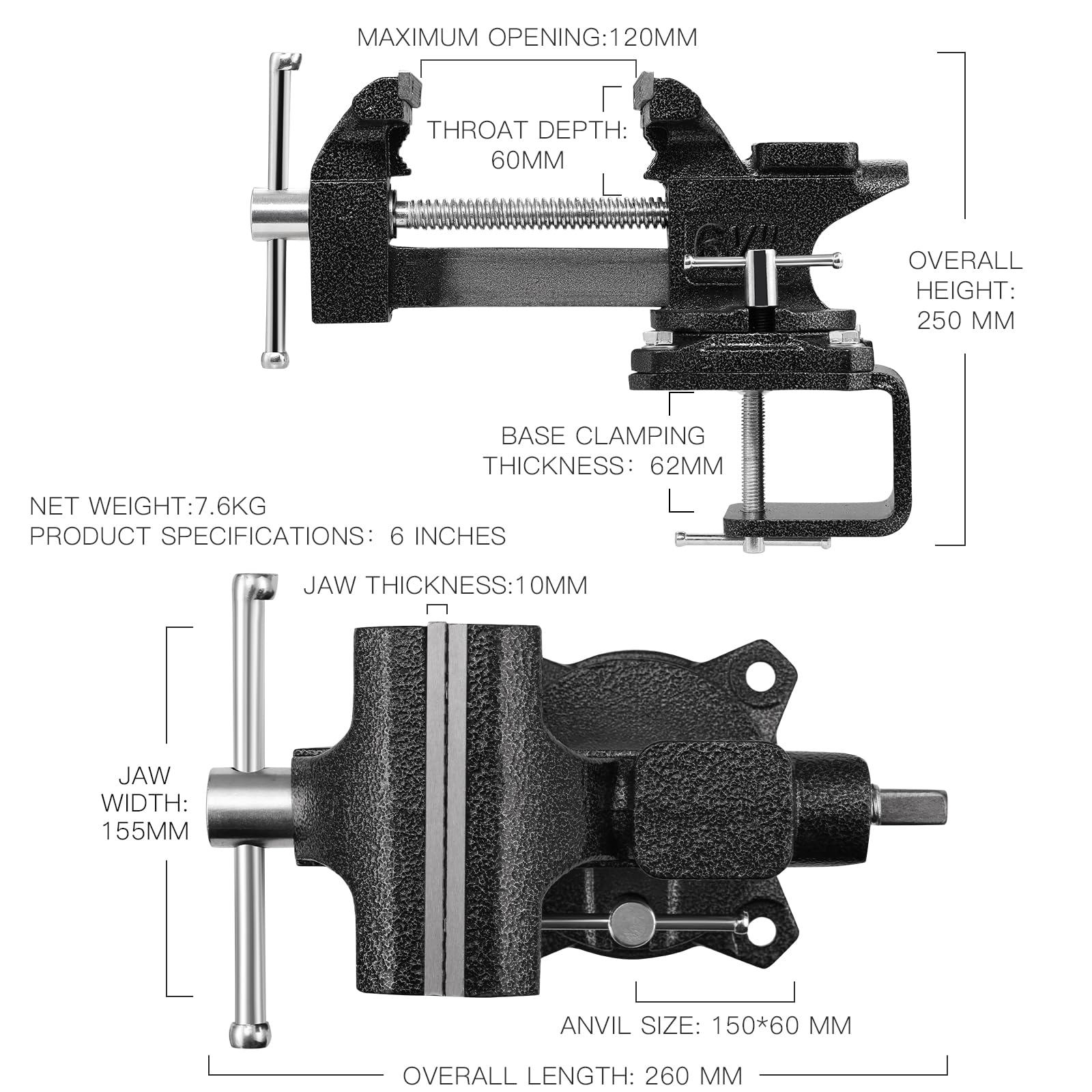 TEENO tornillo de banco de trabajo 6" 7.6kg 150mm ，Base Giratoria de 270°，Tornillo de banco para trabajos pesados, fuerza de sujeción 1000kg（Pinzas con mesa de trabajo）