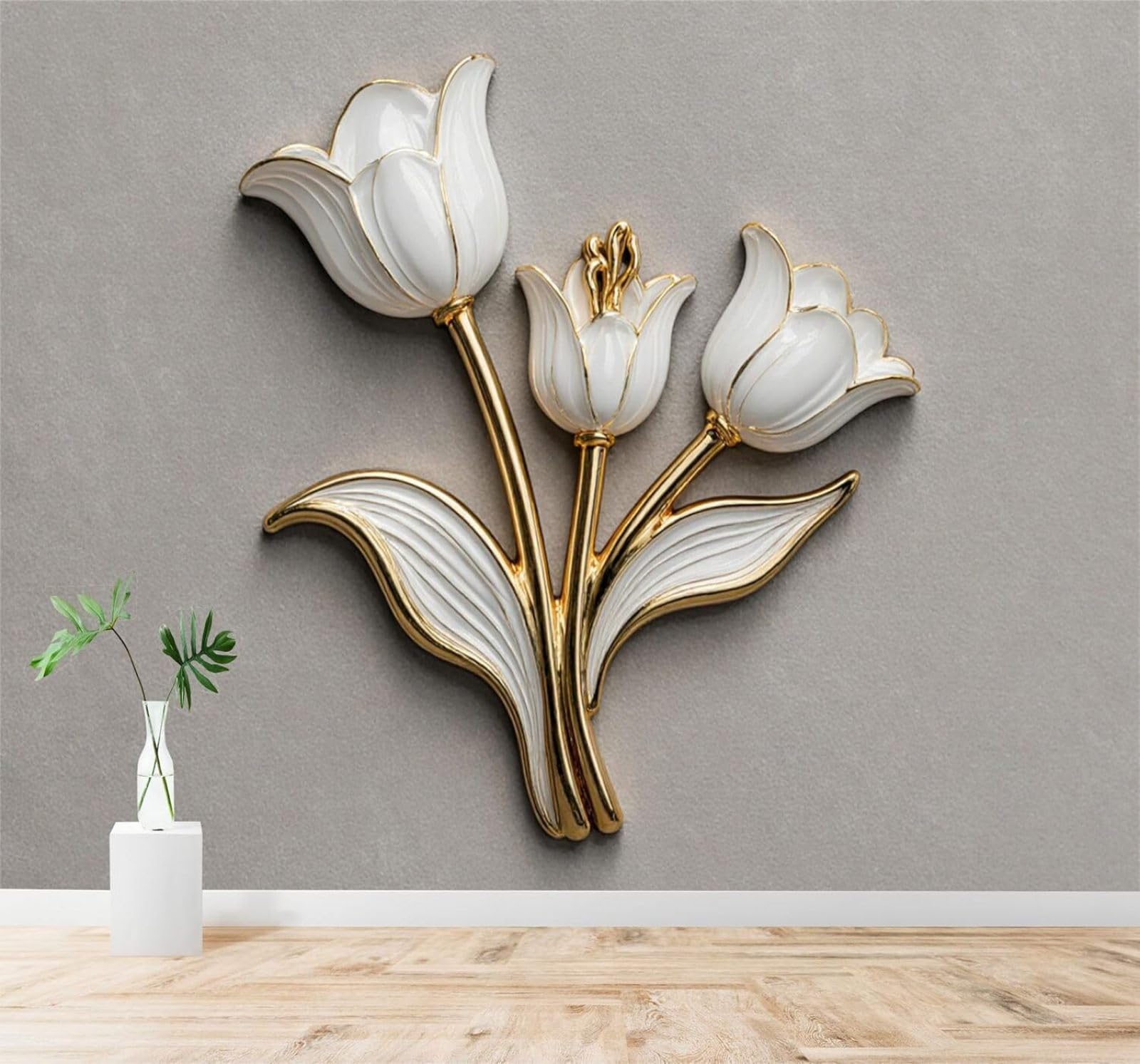 XLMING White Tulip Flower Gold Outline Elegant Minimalist 3D Wallpaper Silky Texture Home Study Office Grey Dining Room Sofa Bedroom Living Room TV Backdrop-350cm×256cm