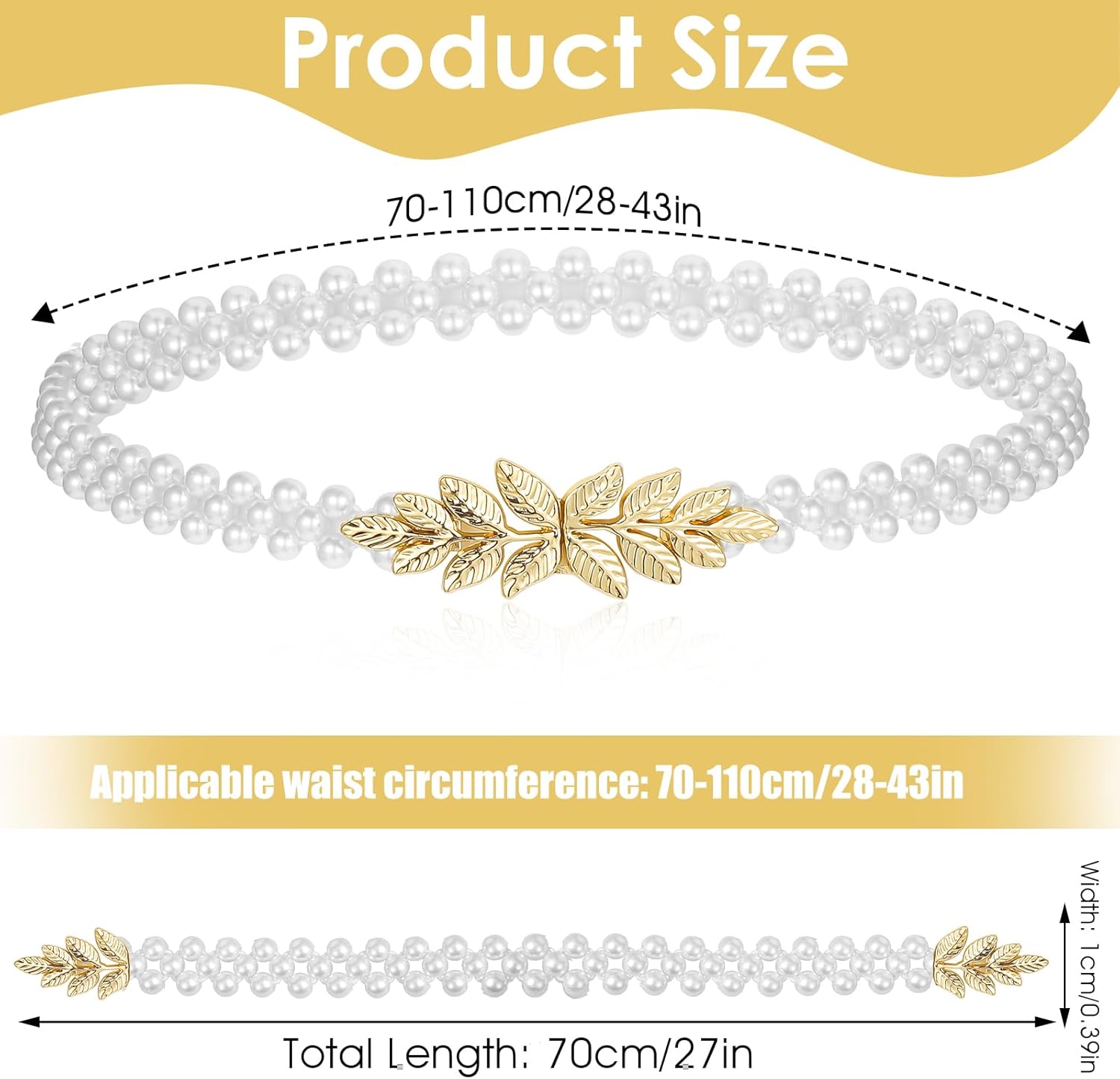 Pearl Elastic Chain Belt, Pearl Stretchy Waist Belt Gold Leaf Waistband for Women Girl Dress Skirt Jeans - Image 6