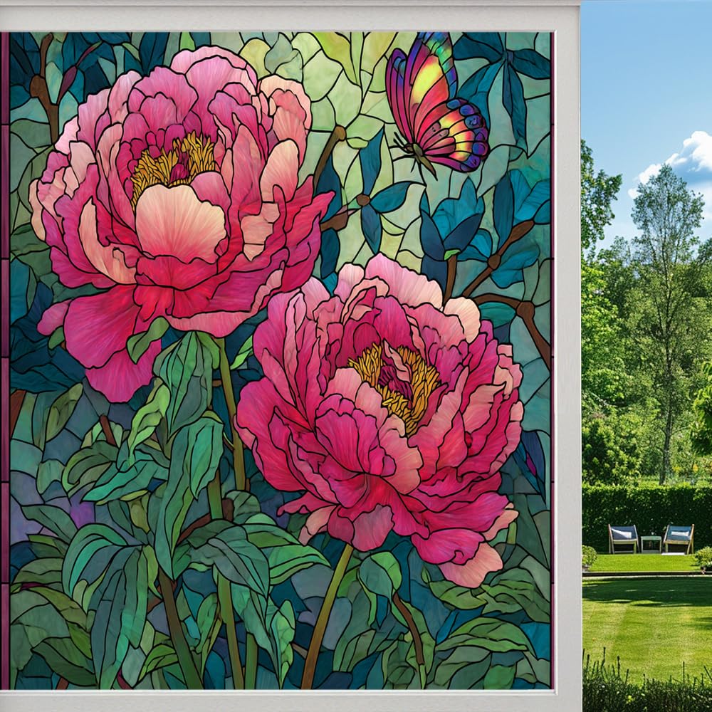 Farmhouse Peony Flowers Privacy Window Film, Colorful Floral Plants Frosted Self-Adhesive Vinyl Cling for Glass Doors Bathroom Windows Sun Blocking Heat Control,（80x140cm）