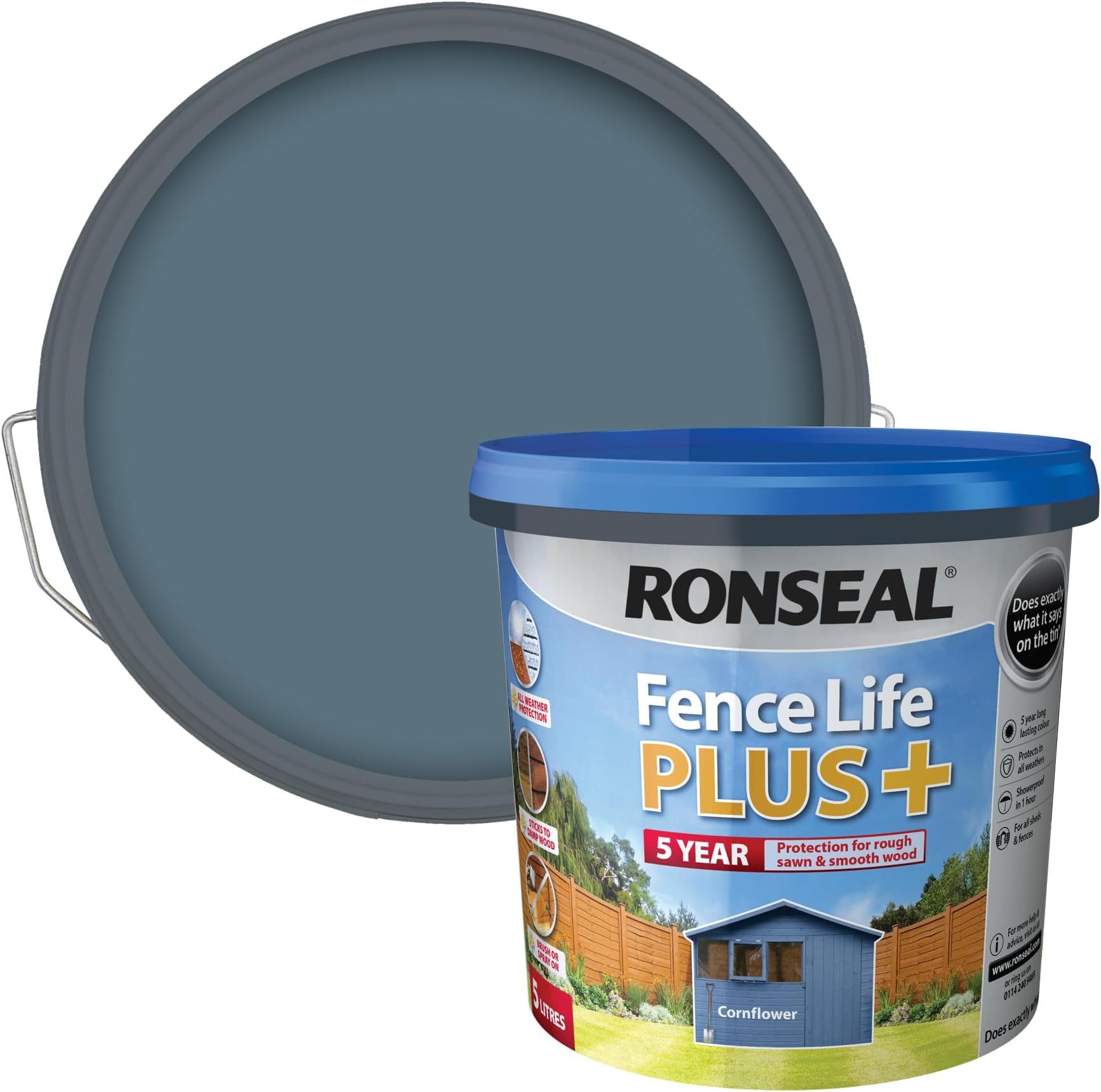 Fence Life Plus+ Cornflower 5 Litres, 5 Year Long Lasting Protecion, All Weather Protection, Sticks to Damp Wood, Brush or Spray on, For all Sheds and Fences also Showerproof in 1 Hour