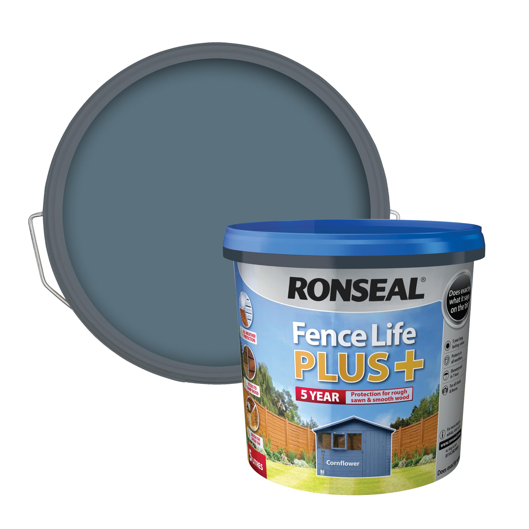 Ronseal Fence Life Plus+ Cornflower 5 Litres, 5 Year Long Lasting Protecion, All Weather Protection, Sticks to Damp Wood, Brush or Spray on, For all Sheds and Fences also Showerproof in 1 Hour