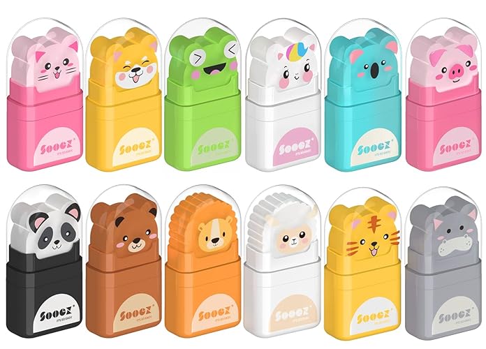 Sooez 12 Pack Pencil Erasers with Clean up Roller, Cute Erasers for Kids, Animal Fun Eraser with Shaving Roller and Cover, for Teacher Class Favor School Supplies Home Office Party