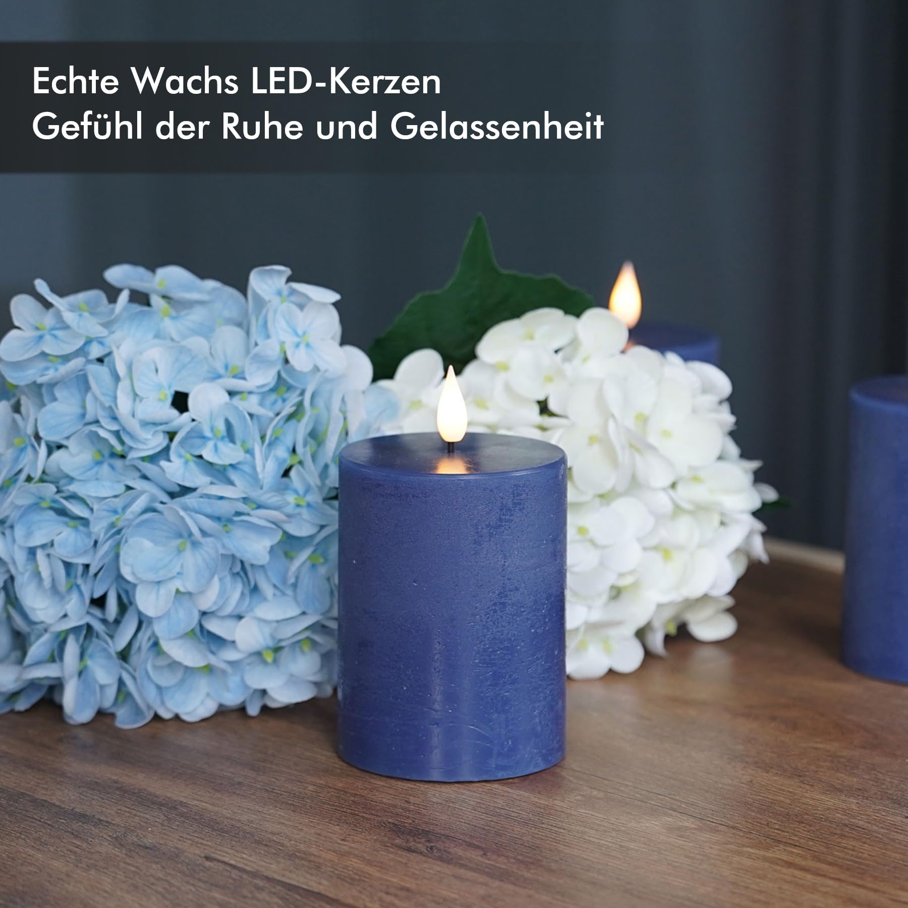 Fanna 4 Dunkelblau LED Flammenlose Echtwachs Kerzen Rustikale Design, Batteriekerzen mit Timer für Weihnachten Dekorationen und Advent, Fernbedienung und Batterien enthalten