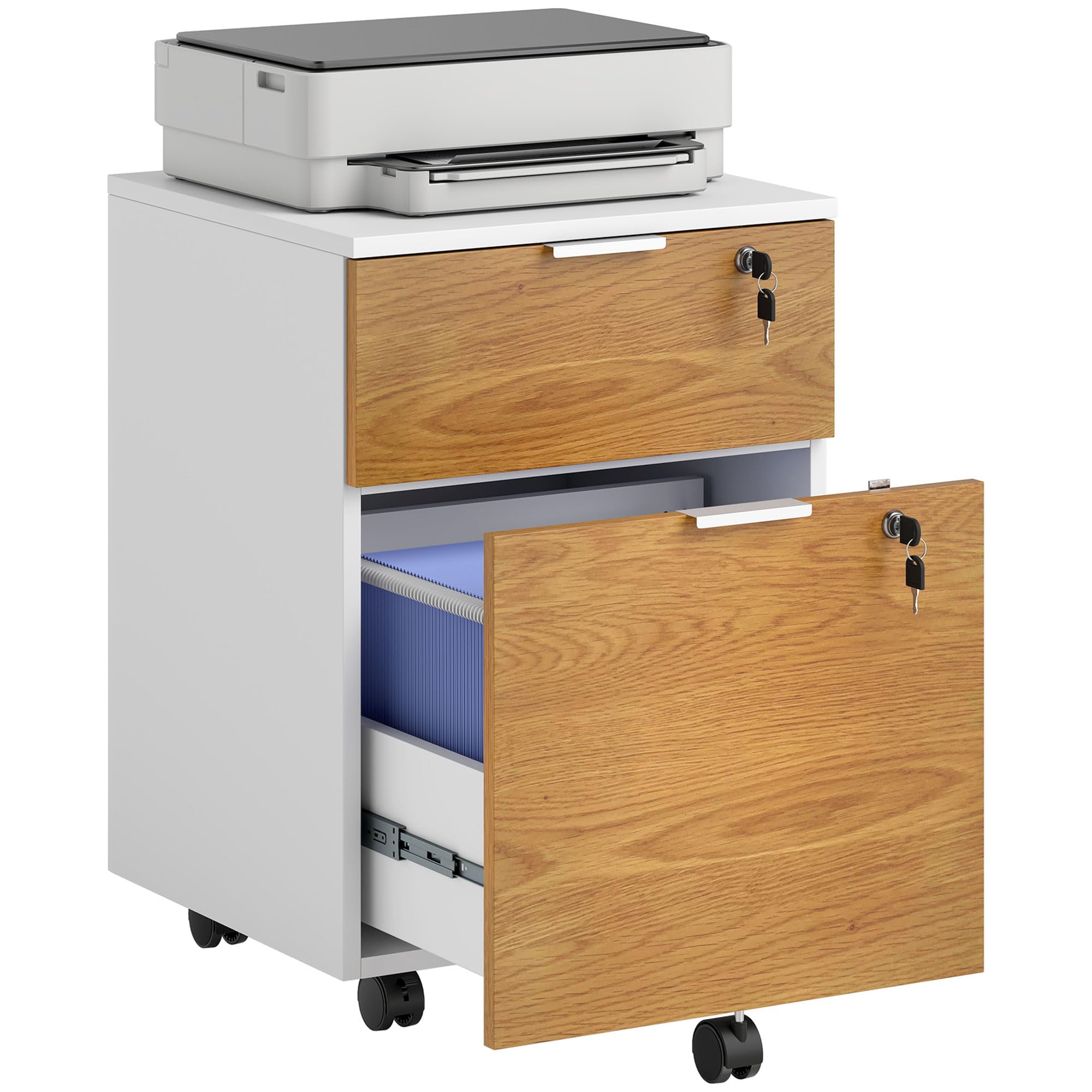 HOMCOM Bürokasten, Aufbewahrungsmöbel, Badschrank, 2 Schubladen, 2 Stangen zum Aufhängen, abschließbar, 2 Schlüssel, 4 Rollen, 42 x 40 x 60 cm, Holzoptik, Weiß und Natur