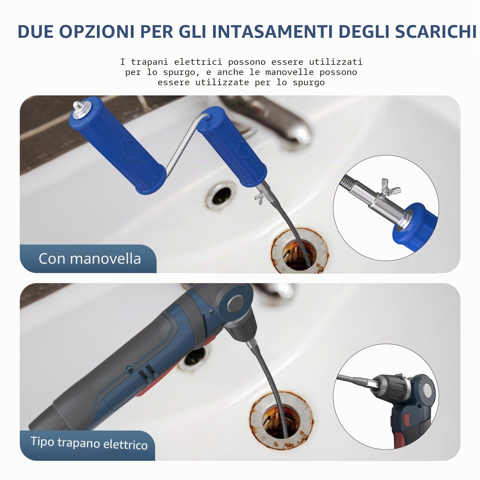 Stura Lavandini e Scarichi, Spirale per pulizia tubi, diametro 6 mm, spirale per pulizia tubazioni, spirale di pulizia con adattatori elettrici e manuali, asta per la pulizia di tubi a spirale (10m)