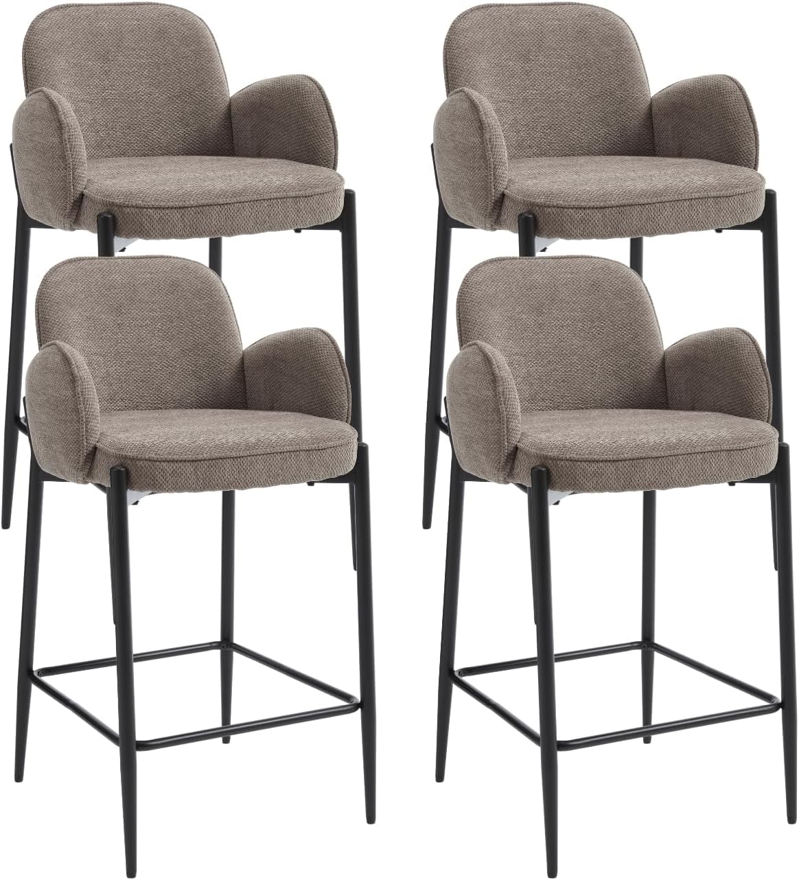 Tabourets de bar en chenille marron (lot de 4) avec accoudoirs pour îlot