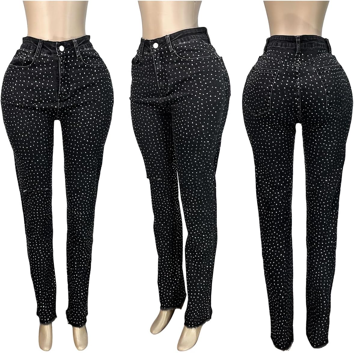 Vakkest Womens Rhinestone Jeans High Waisted Stretch Ripped Skinny Sparkly Denim Pants Slim Fit Butt Sequin Trousers