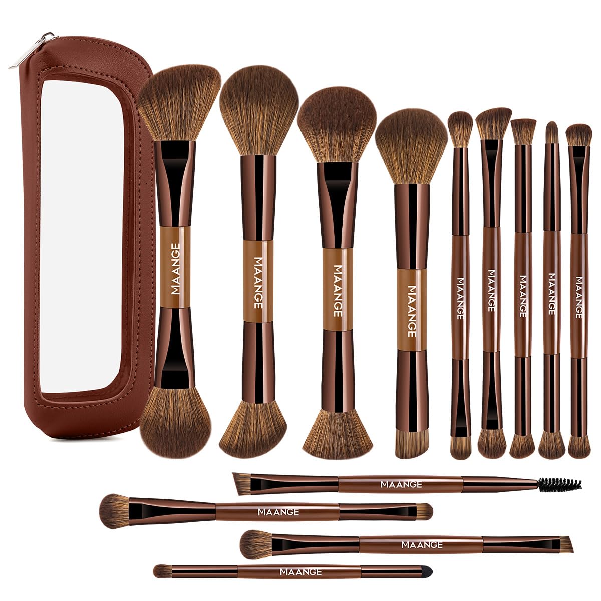 MAANGE 13 Pcs Foundation Makeup Brush Set With Bag, Make up Brushes, Double-End Multi Functional Makeup Brushes, Professional Face Brush Set Tools For Liquid Powder Concealer Cream Blush (Brown)