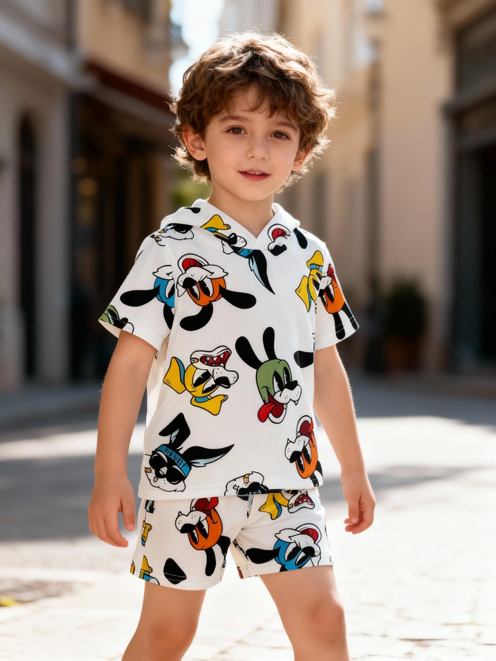 Conjunto de 2 piezas con estampado de dibujos animados, camiseta de manga corta con capucha y pantalones cortos para niños y niñas, ropa casual de verano — view 3