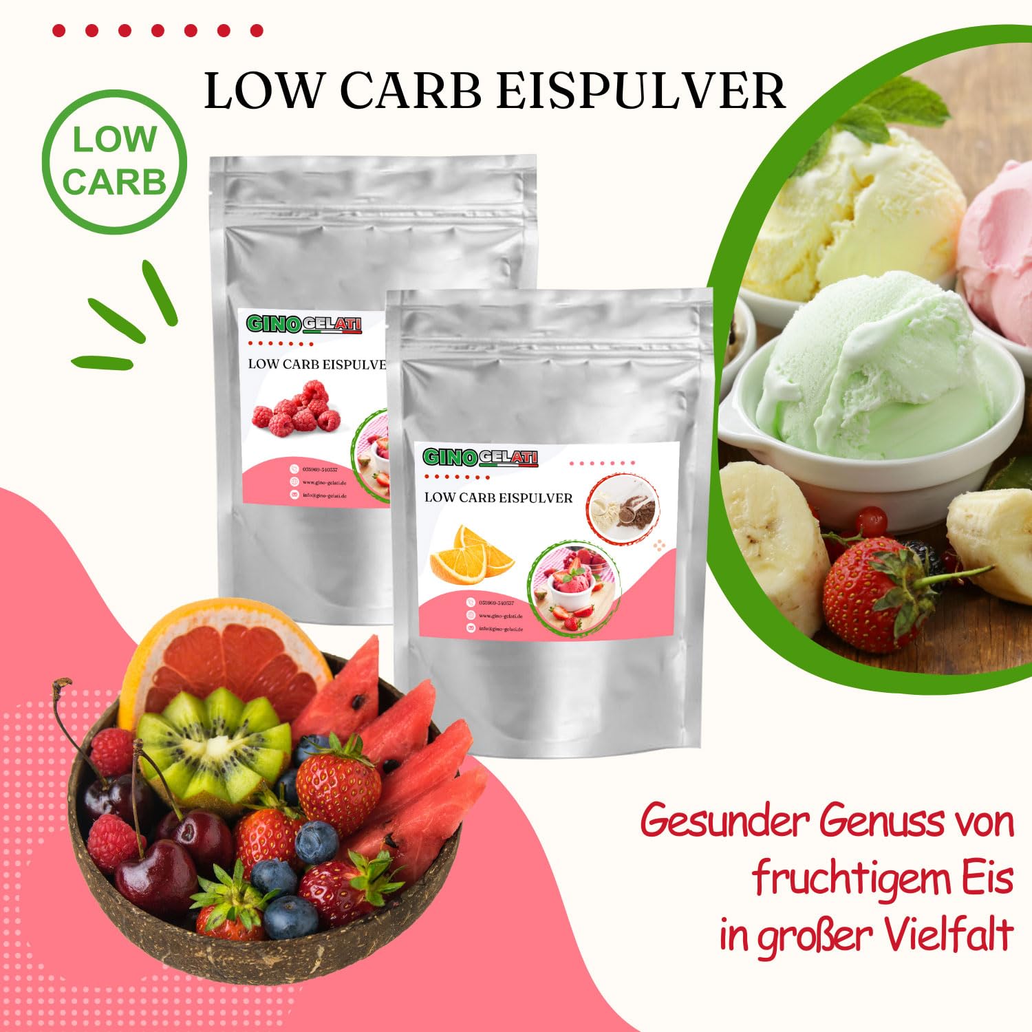 Gino Gelati Low Carb Eis Pulver Vegan Zucker-, laktosefrei mit fruchtigem Geschmack, schnelle und einfache Zubereitung, Made in Germany, Herstellung ohne Maschine (10 Kg, Mandarine)