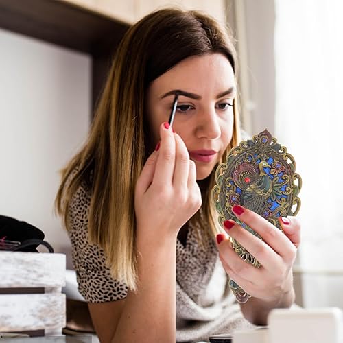 Miniatura 3 de Beaupretty Juego de peine de espejo antiguo, 1 juego de espejo de maquillaje de mano de metal vintage con un peine en relieve, pavo real a mano,