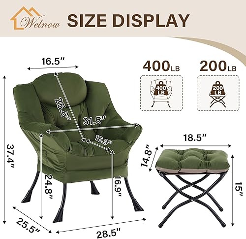 Miniatura 3 de Welnow Silla Lazy con otomana, moderna silla de lectura con reposabrazos y bolsillo lateral, juego de sofá perezoso tapizado de ocio con reposapiés