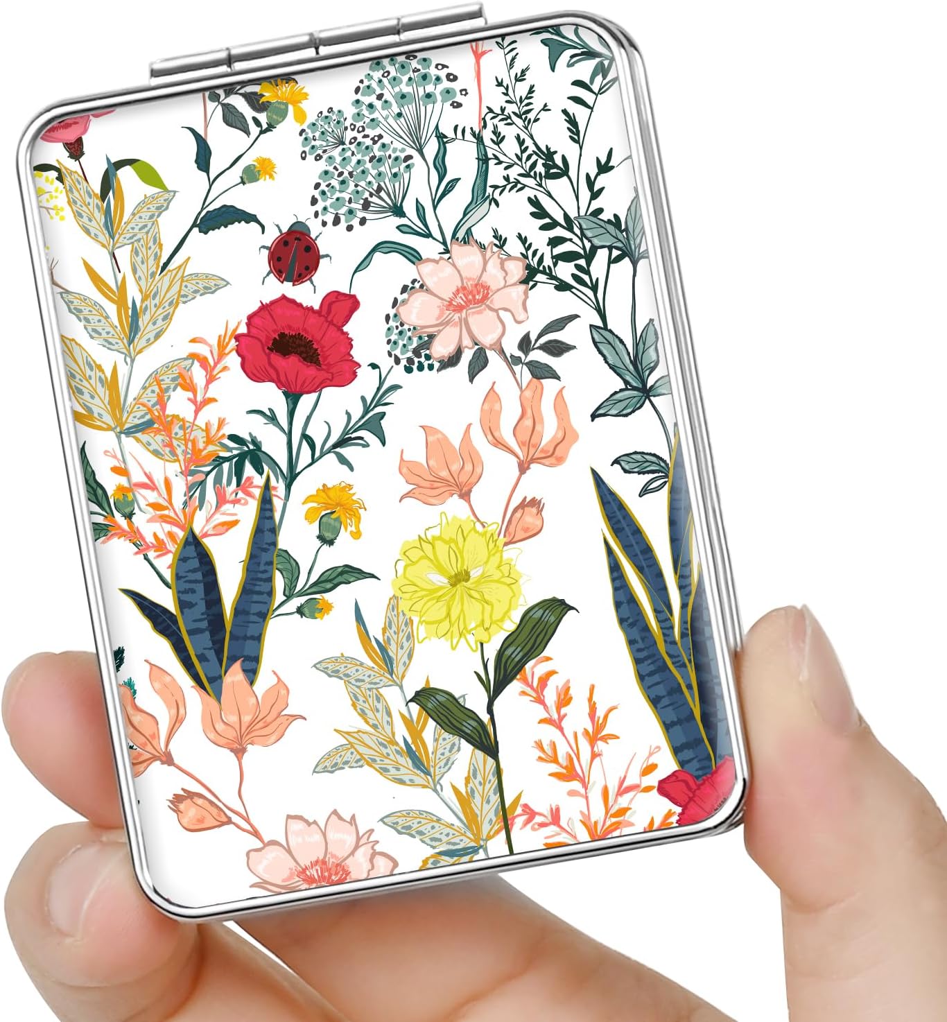 Pocket Mirror, Small Travel Mirror with Magnification, Portable Double-Sided Magnifying Cosmetic Mirror for Daily (White Flowers)