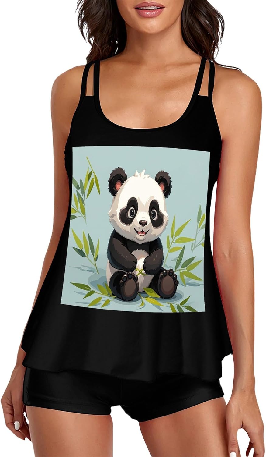 Panda Tankini Swimsuits for Women Tummy Control Two Piece Bathing Suits Swim Tops with Boy Shorts