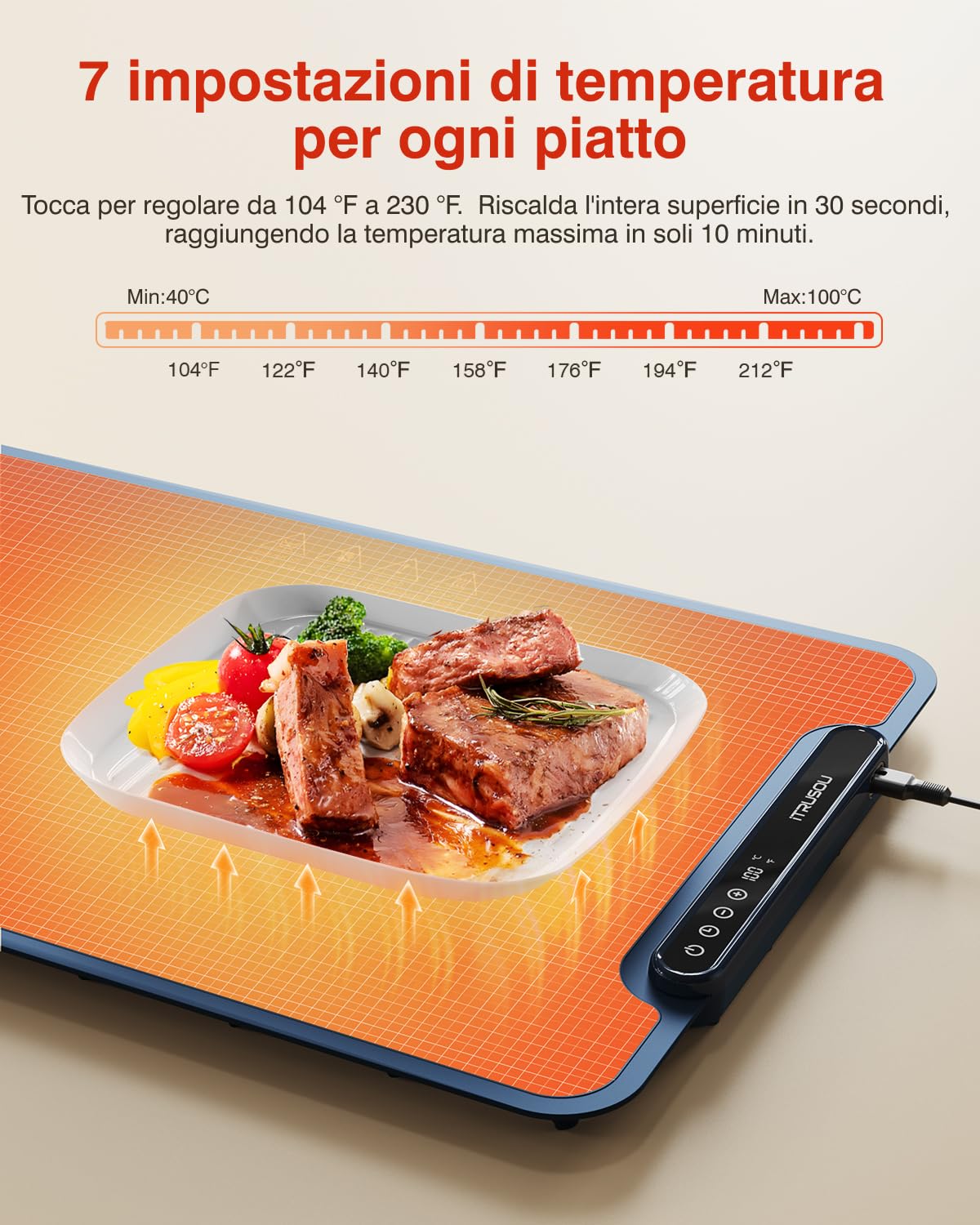 Scaldavivande, vassoio riscaldante, arrotolabile e portatile,Nano-materiale in silicone premium, Piastra Riscaldante per Alimenti iTRUSOU, Tappetino Elettrico con Timer 1-99H, 7 Temperature