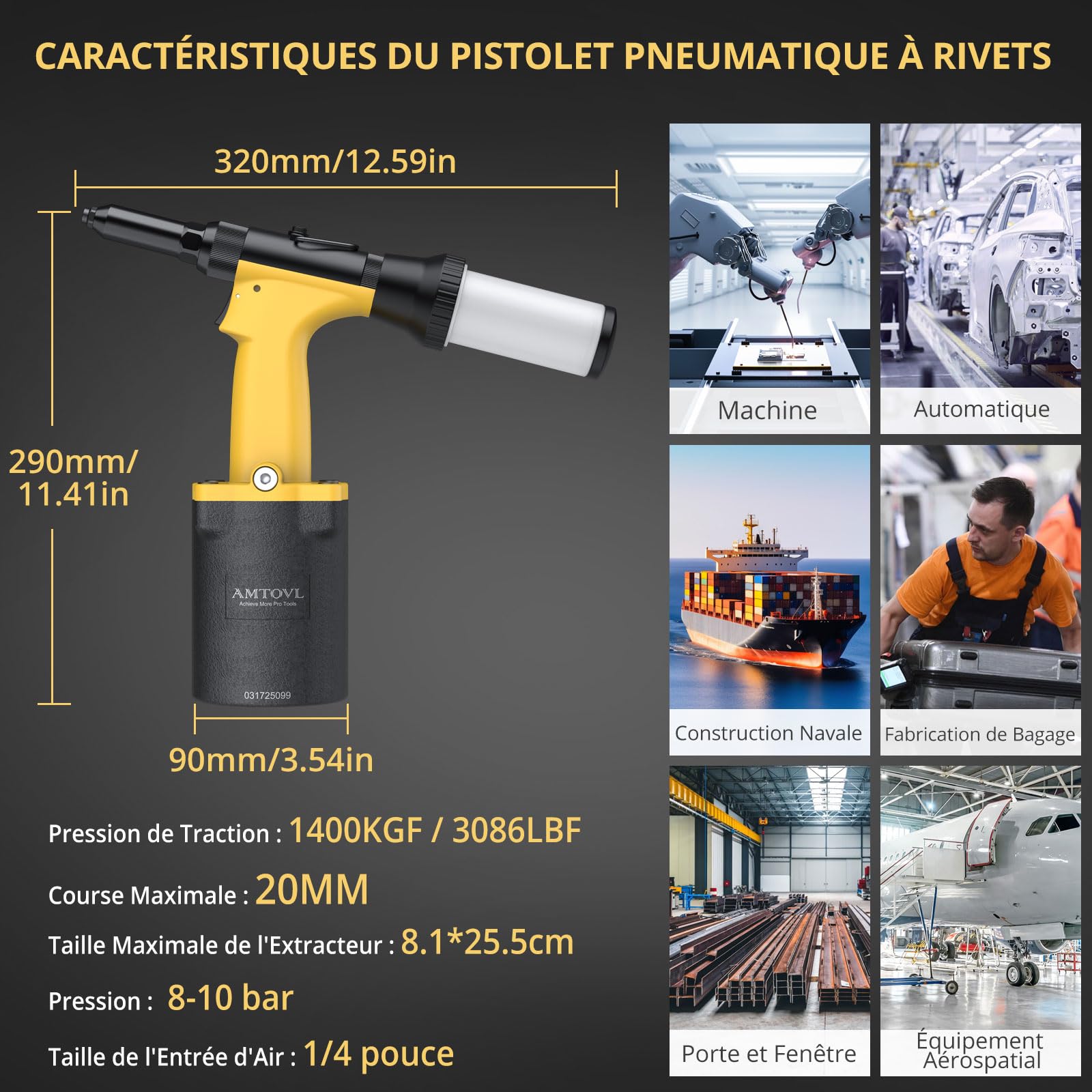 AMTOVL Pistolet à Riveter Pneumatique Auto-aspiration 1/4" BSPT 1400KGF Riveteuse Pneumatique Fixation Automatique des Rivets 2,4 3,2 4,0 4,8 6,4mm Riveteuse Hydraulique avec Griffe Supplémentaire