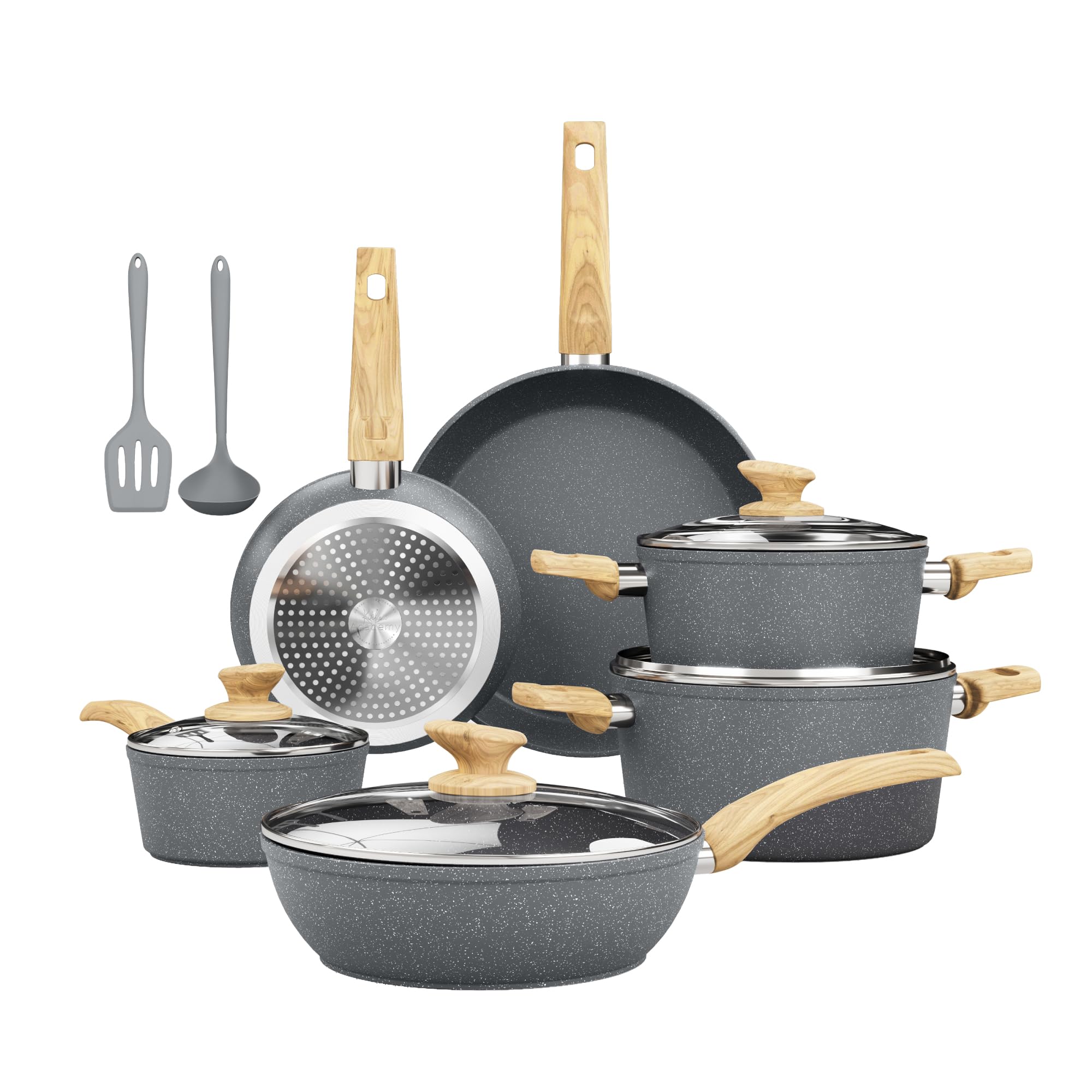 Kitchen Academy Juego de sartenes compatibles con inducción con sartenes y ollas antiadherentes, juego de utensilios de cocina antiadherentes de granito gris, 10 piezas, libre de PFOA y PFAS